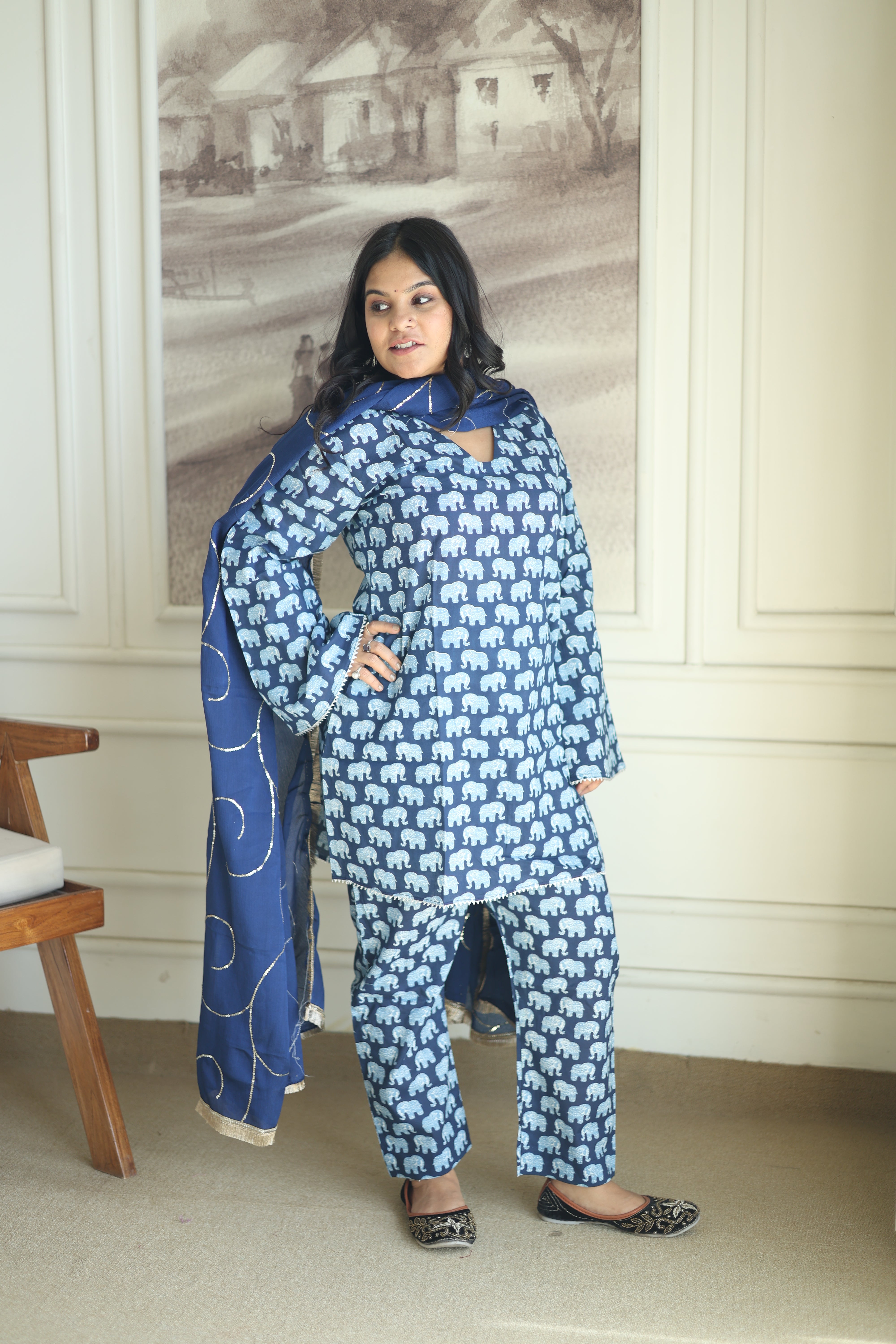 Indigo Elephant Print Cotton Co-ord Set
