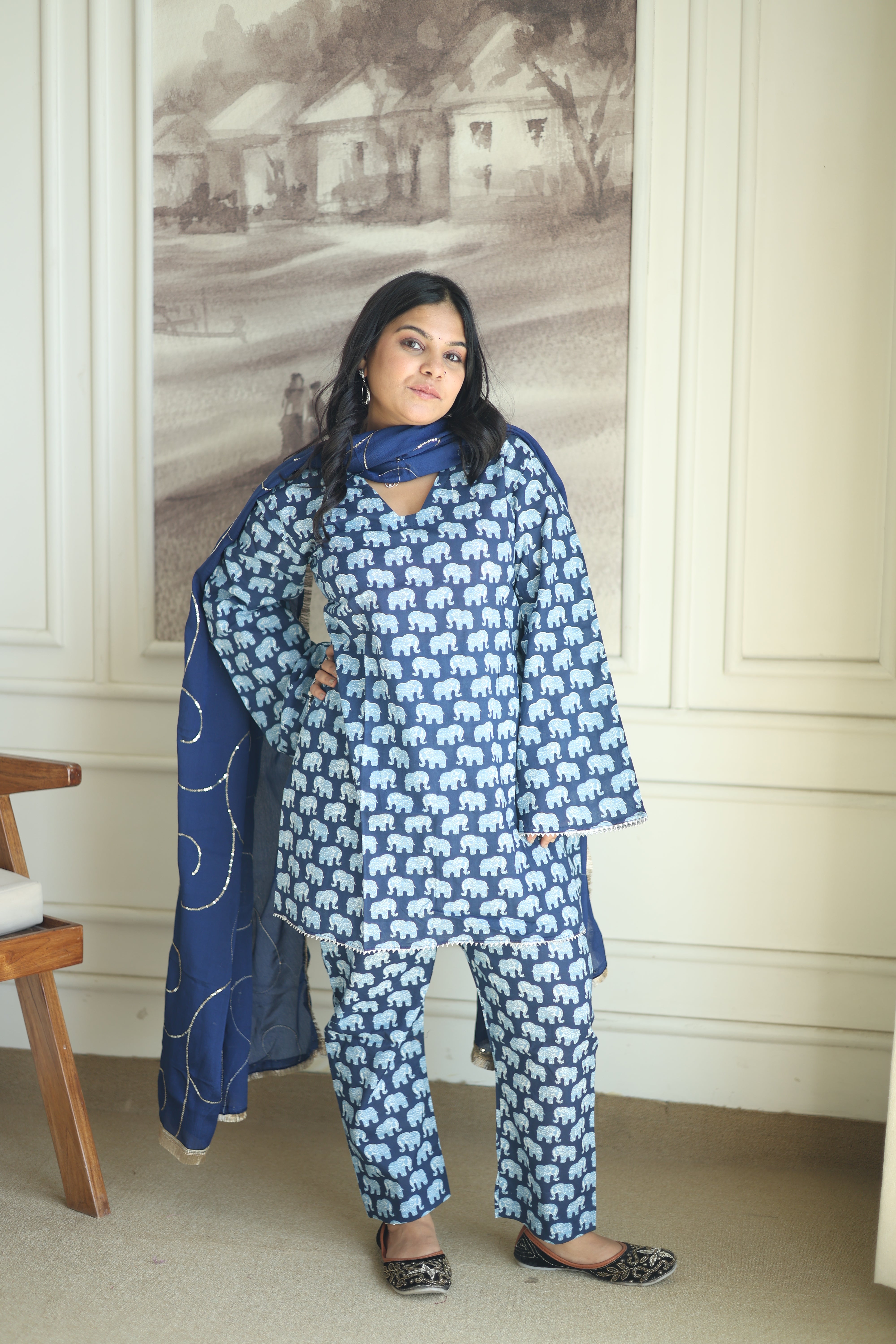 Indigo Elephant Print Cotton Co-ord Set