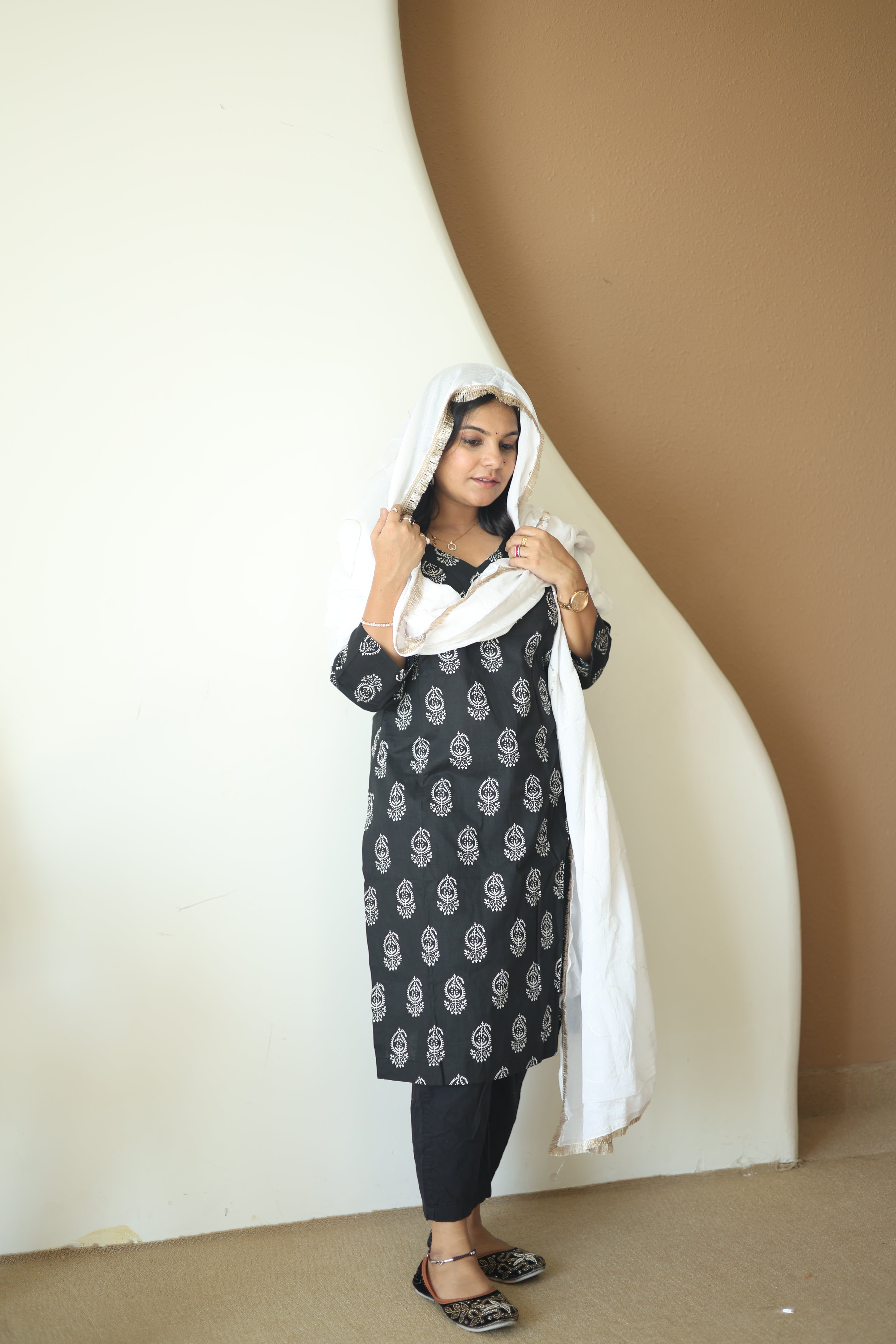 Midnight Black Block Print Kurta Set with White Cotton Dupatta