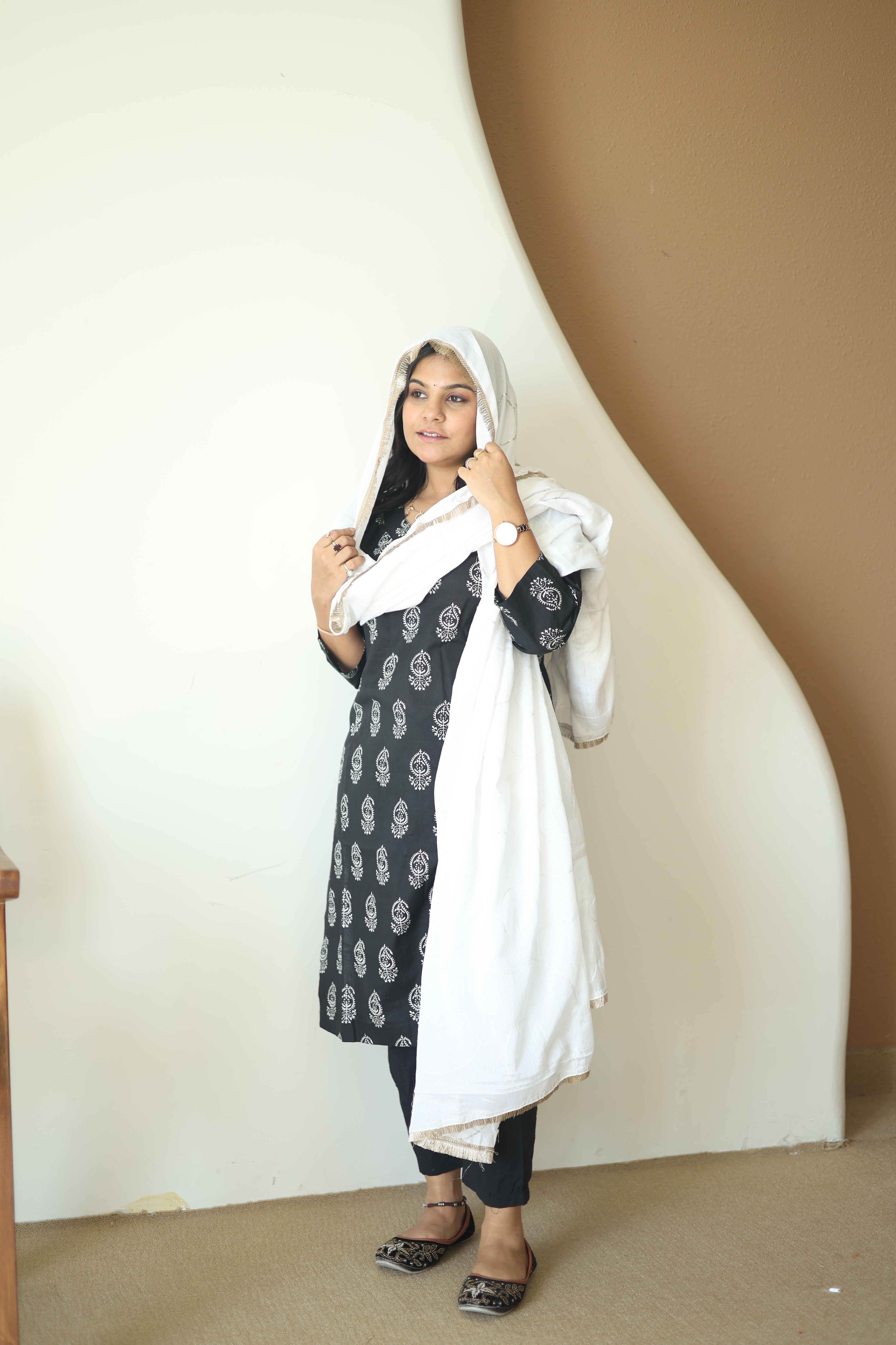 Midnight Black Block Print Kurta Set with White Cotton Dupatta