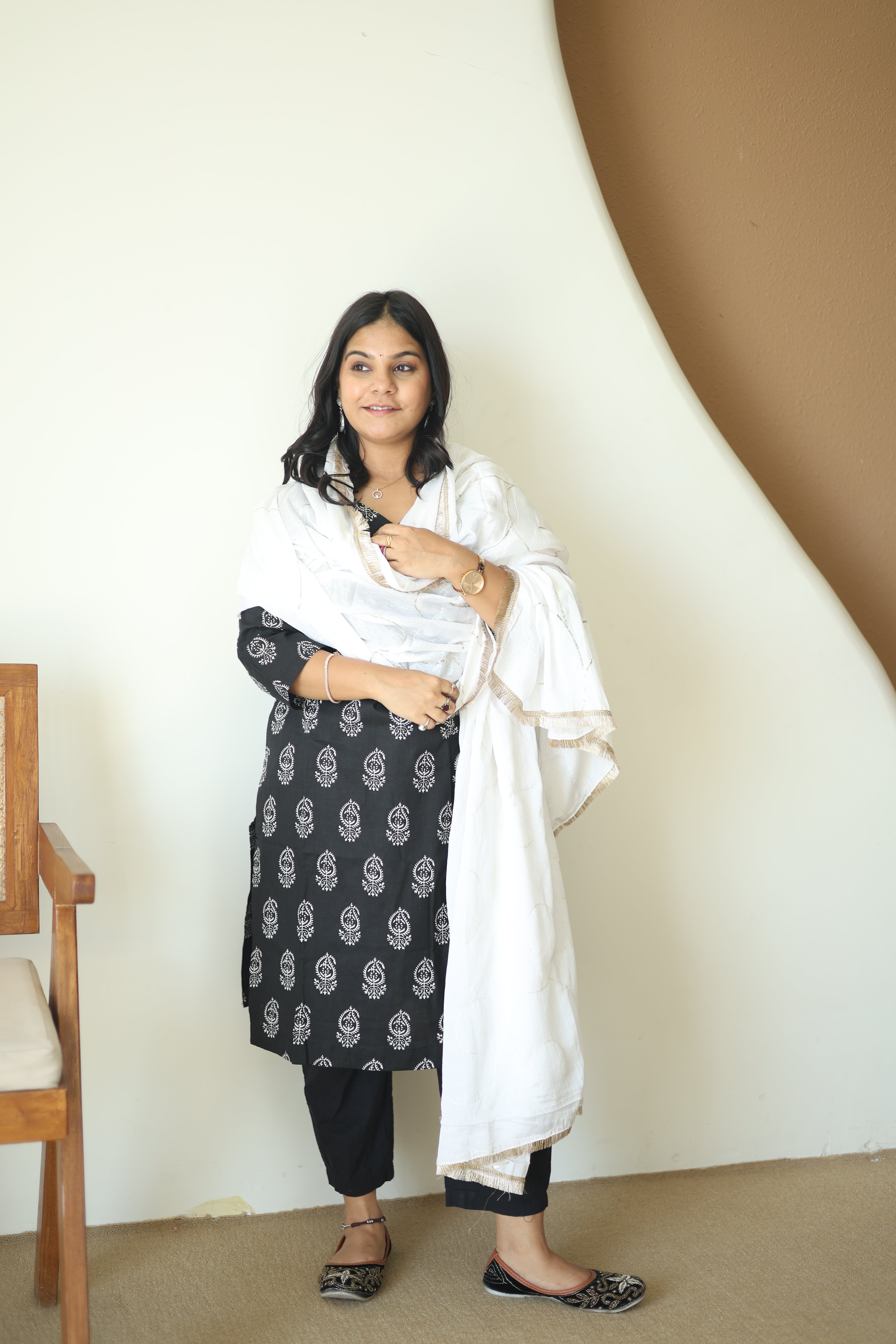 Midnight Black Block Print Kurta Set with White Cotton Dupatta