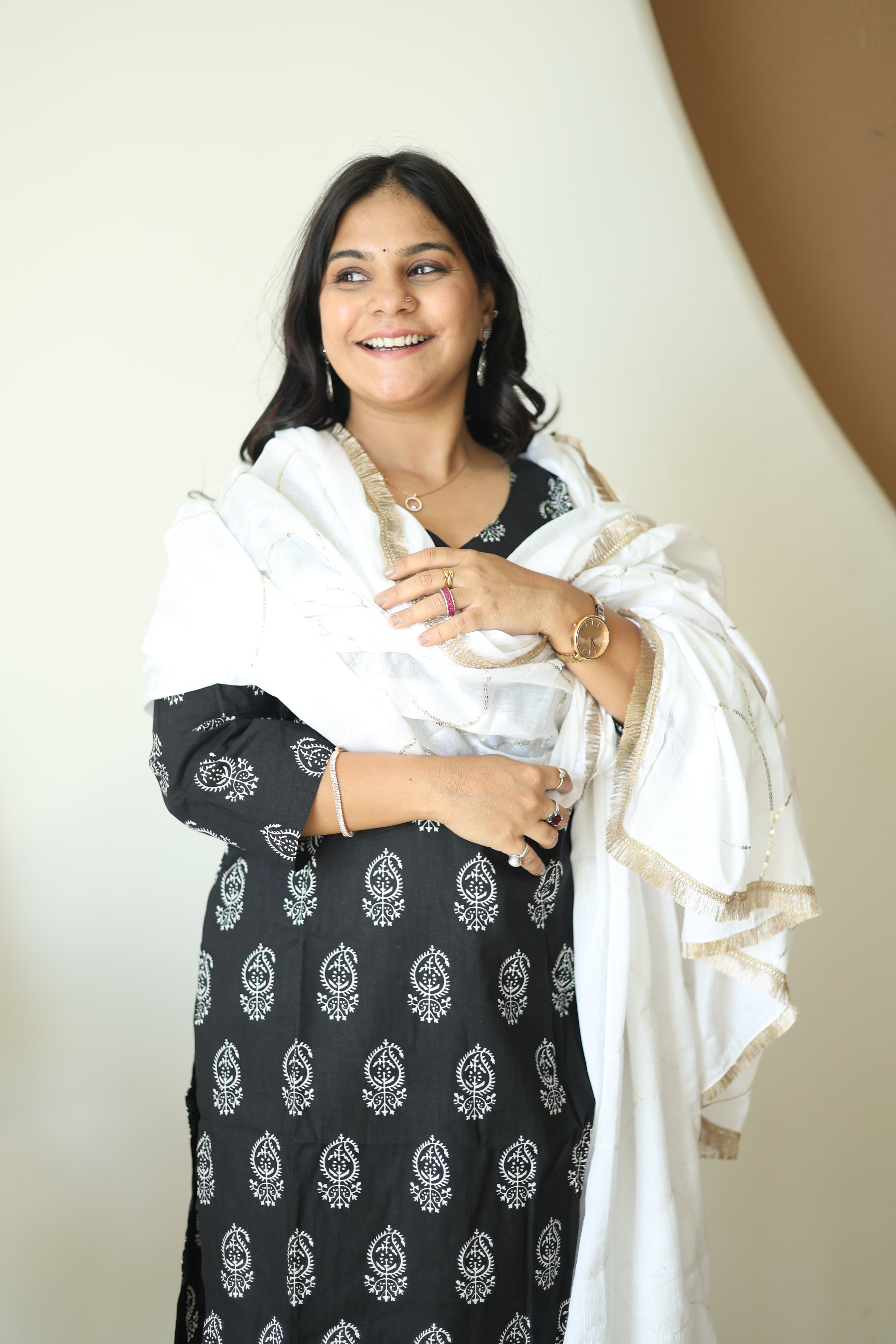 Midnight Black Block Print Kurta Set with White Cotton Dupatta