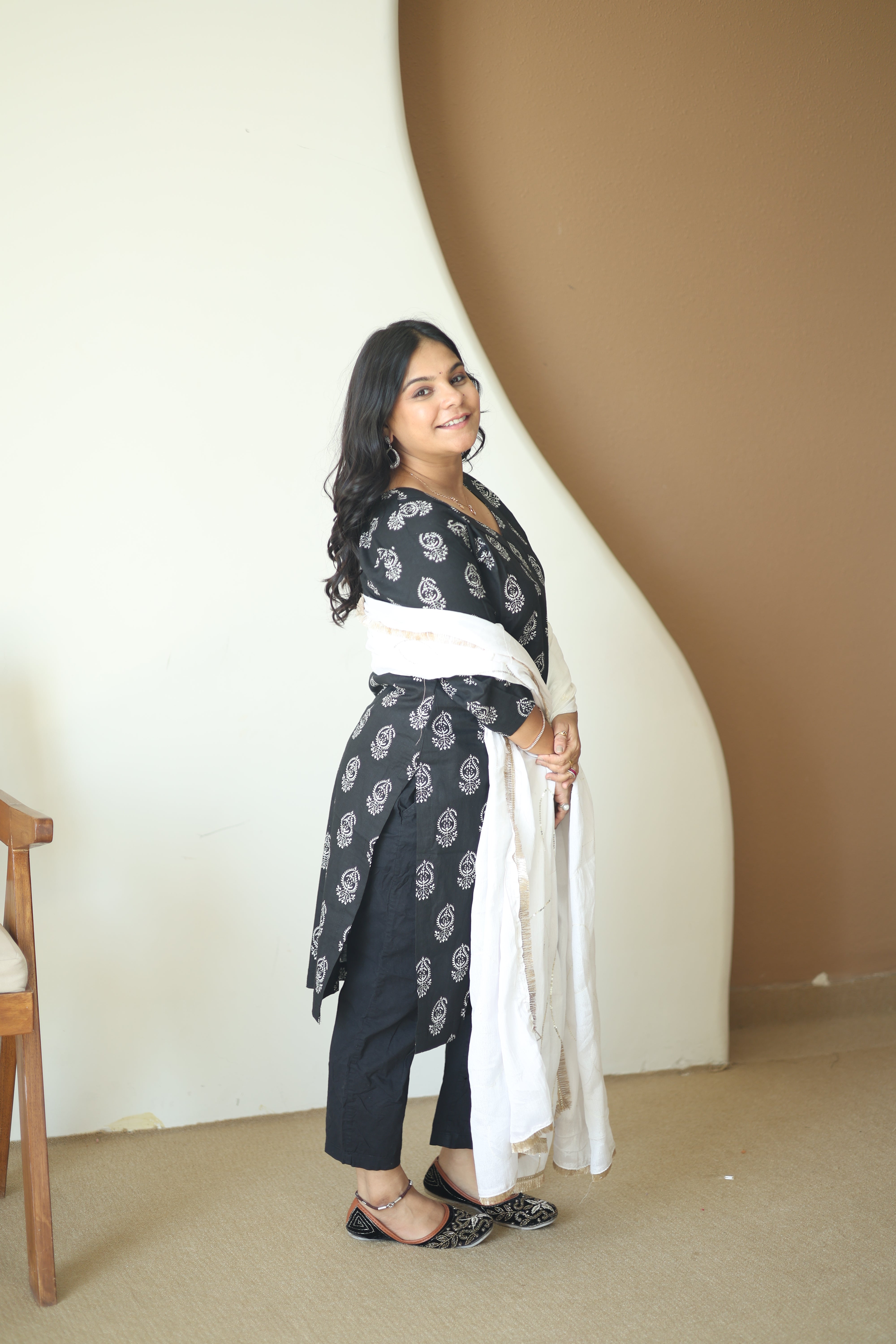 Midnight Black Block Print Kurta Set with White Cotton Dupatta