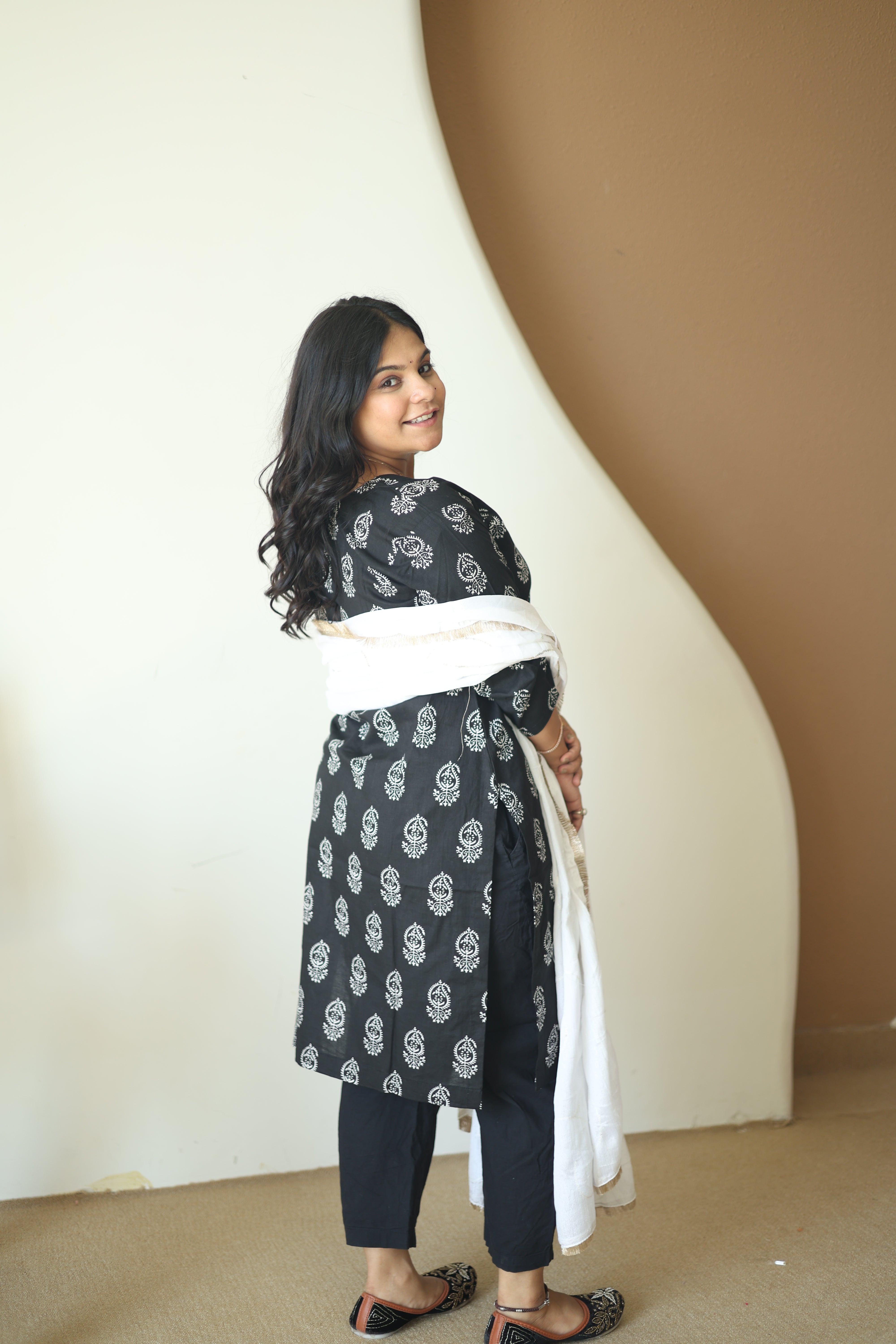 Midnight Black Block Print Kurta Set with White Cotton Dupatta