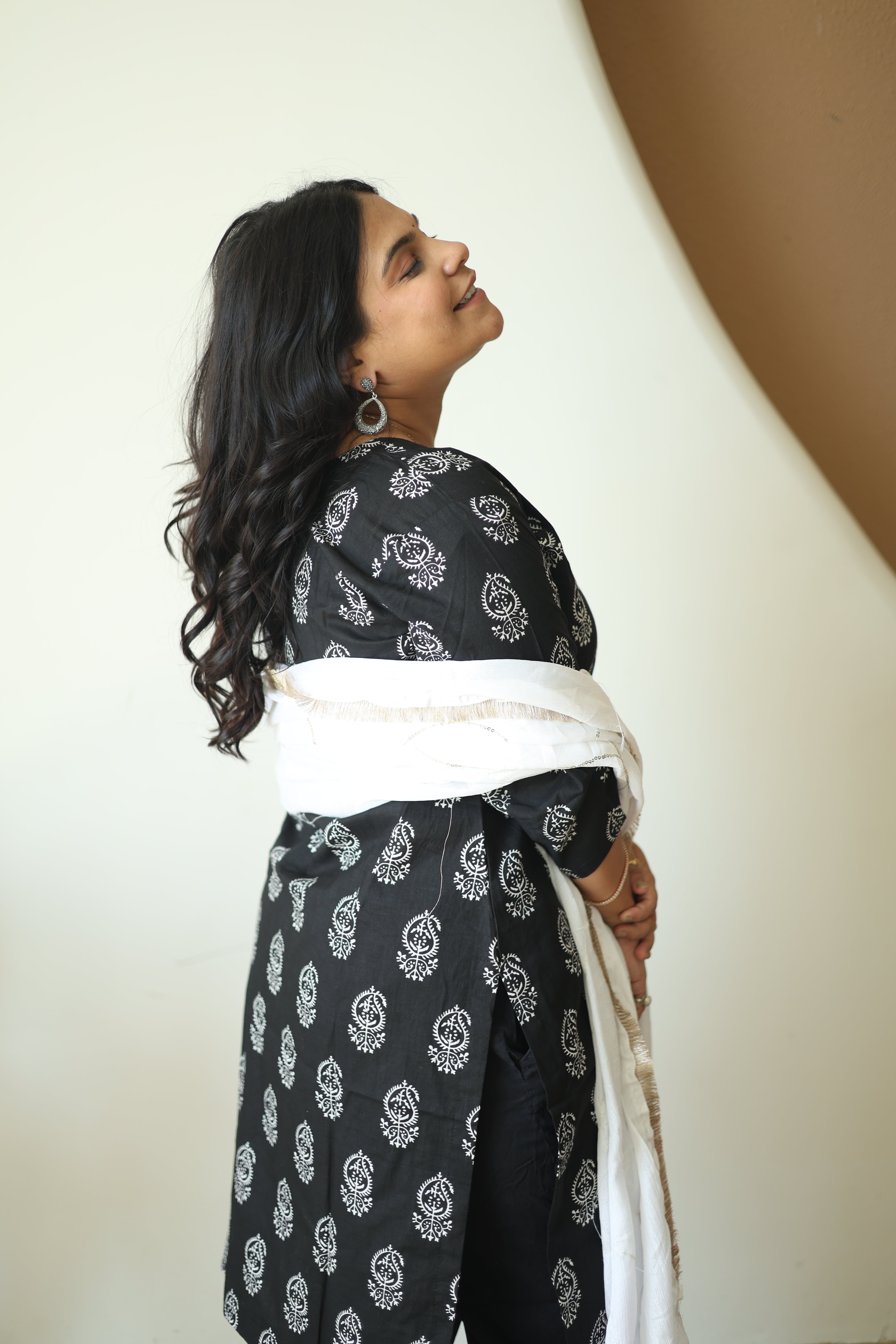Midnight Black Block Print Kurta Set with White Cotton Dupatta