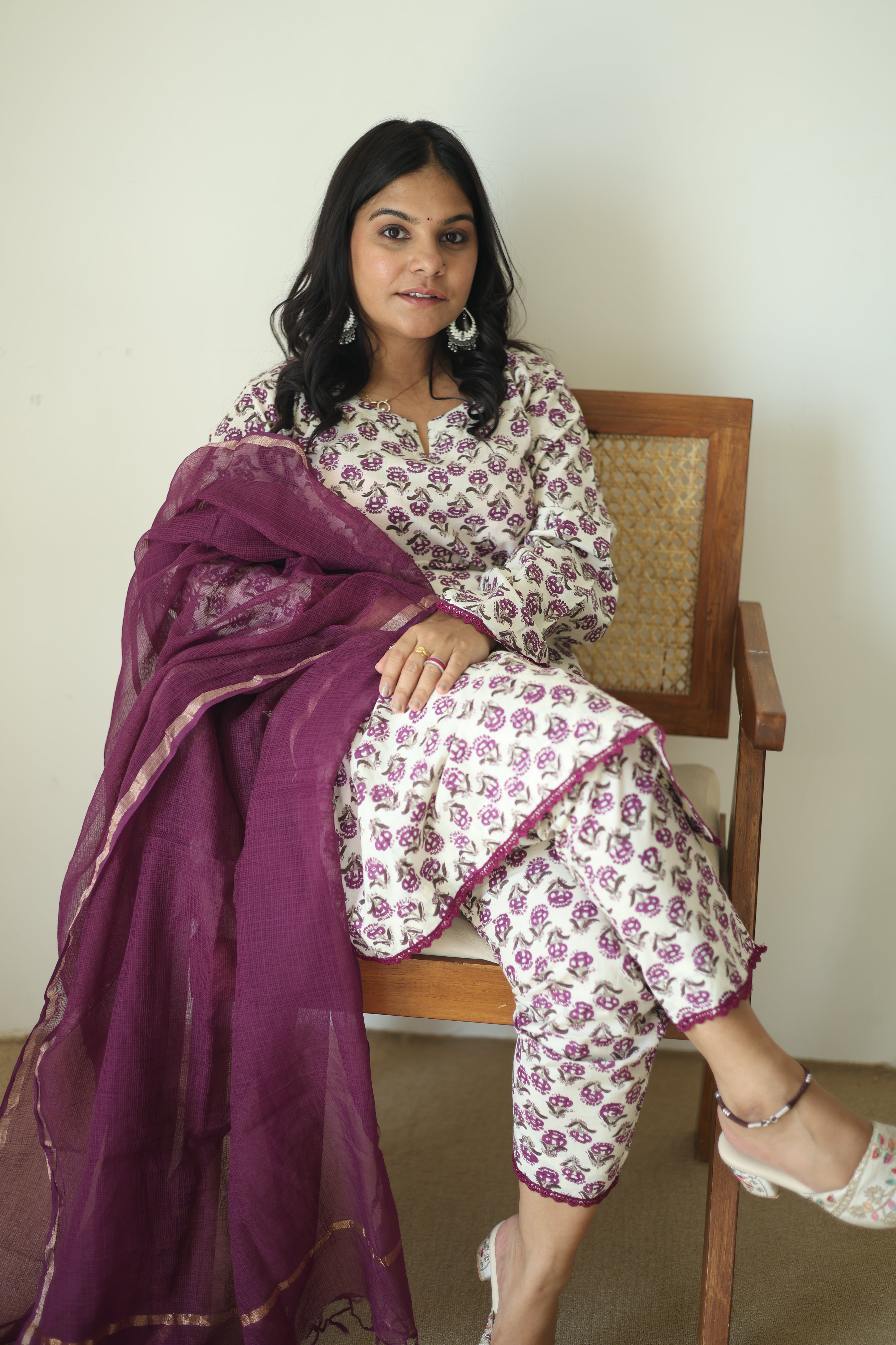 Mauve Floral Cotton Kurta Set with Wine Organza Dupatta