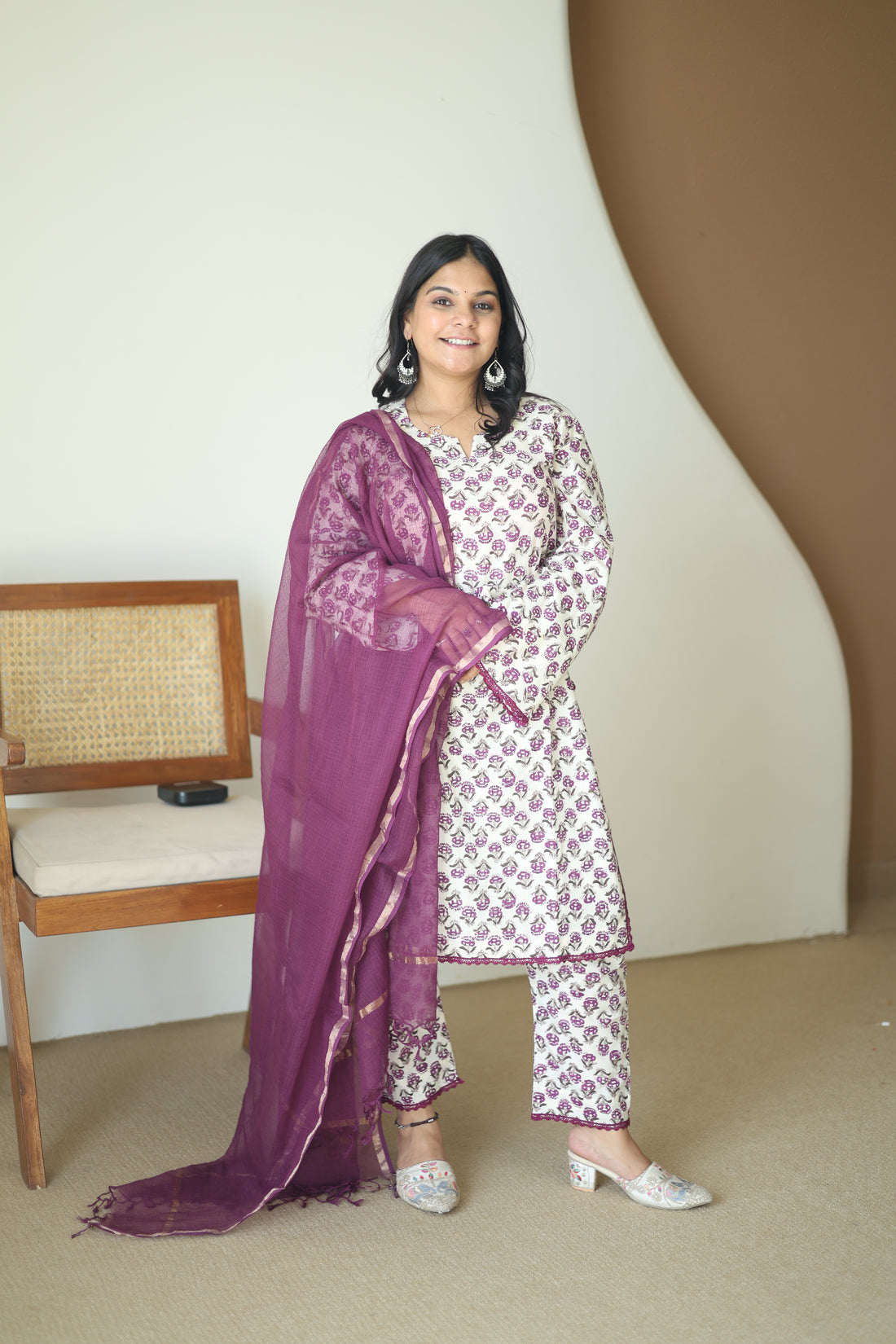 Mauve Floral Cotton Kurta Set with Wine Organza Dupatta