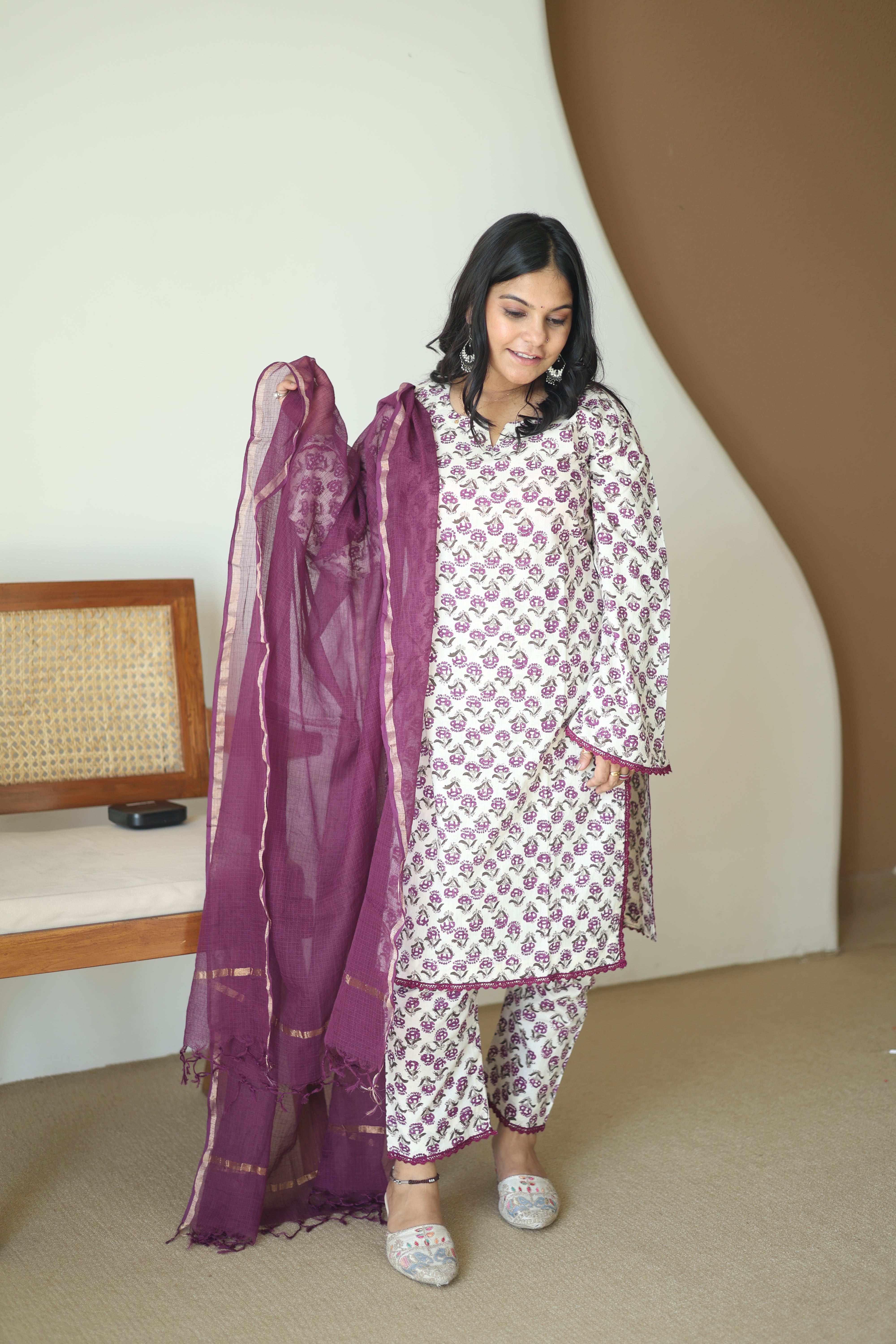 Mauve Floral Cotton Kurta Set with Wine Organza Dupatta