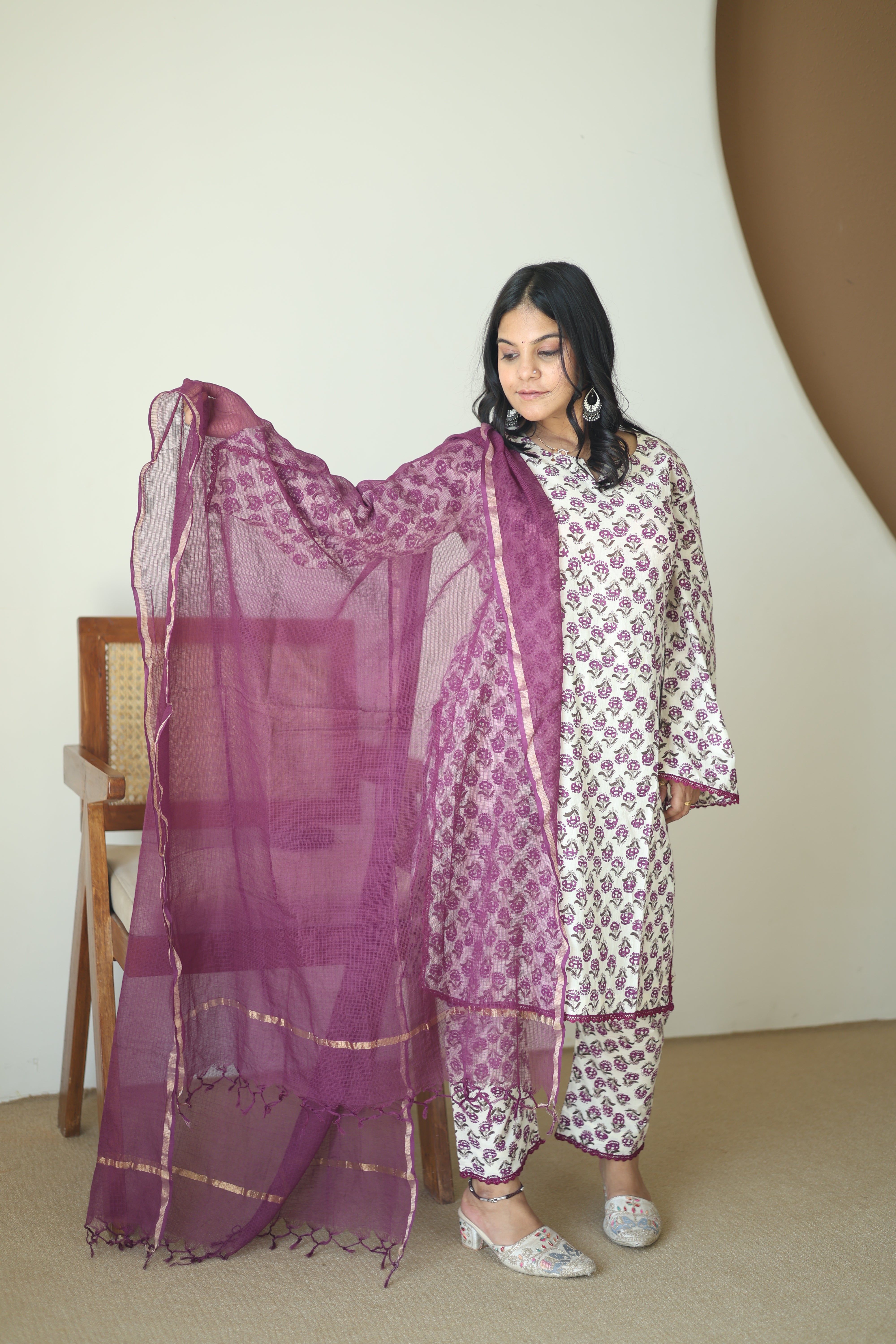 Mauve Floral Cotton Kurta Set with Wine Organza Dupatta
