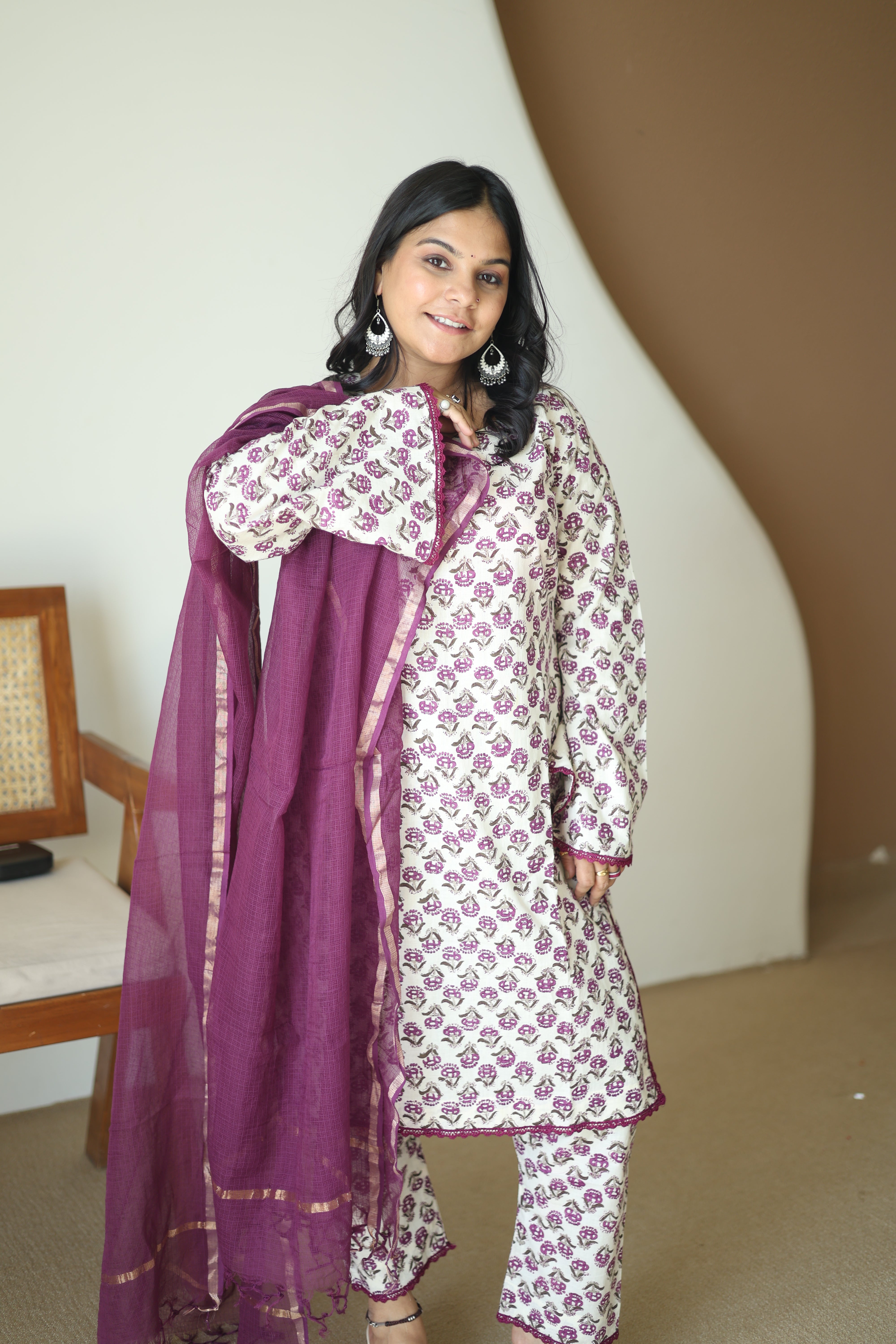Mauve Floral Cotton Kurta Set with Wine Organza Dupatta