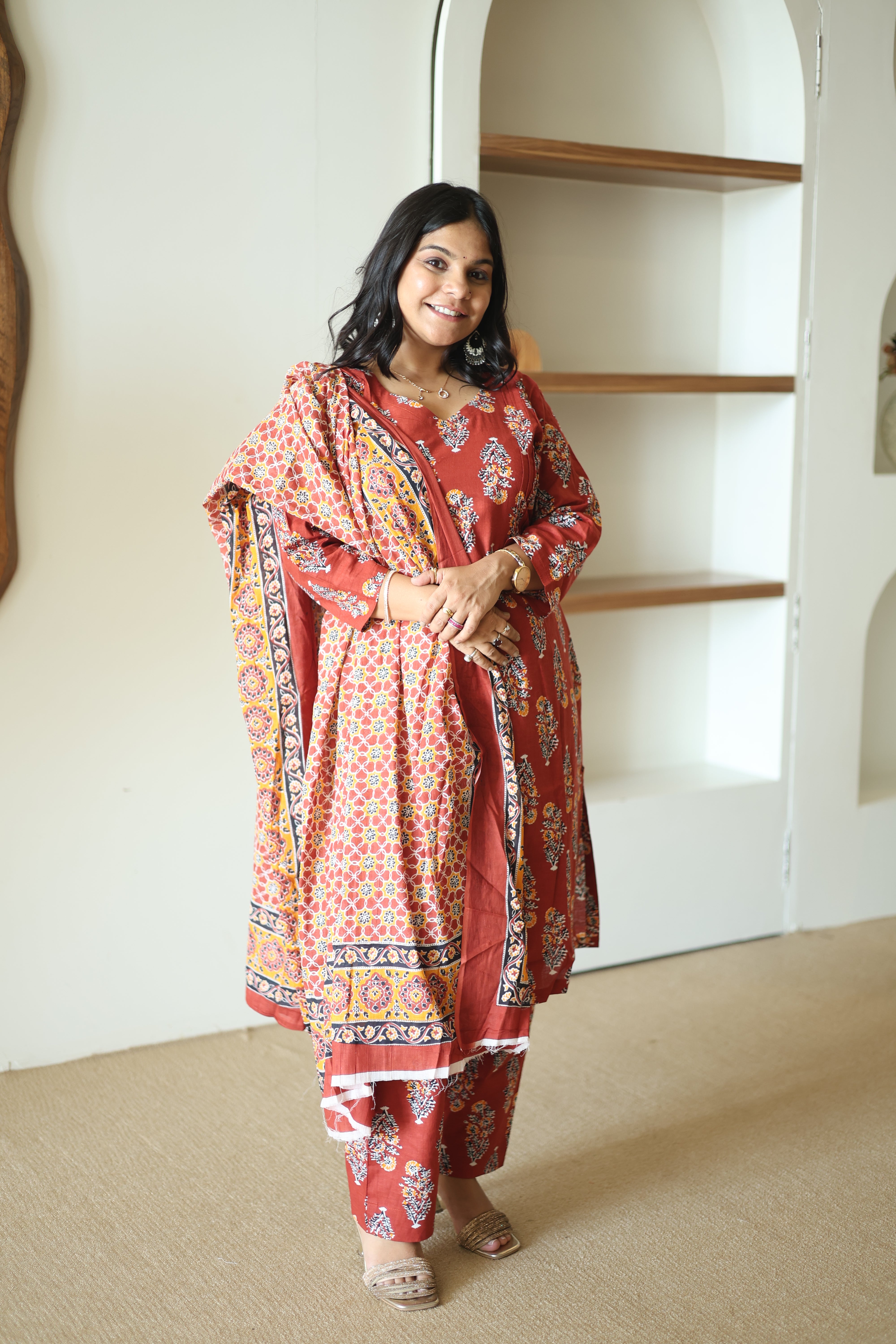 Rust Maroon Ajrakh Print Cotton Kurta Set