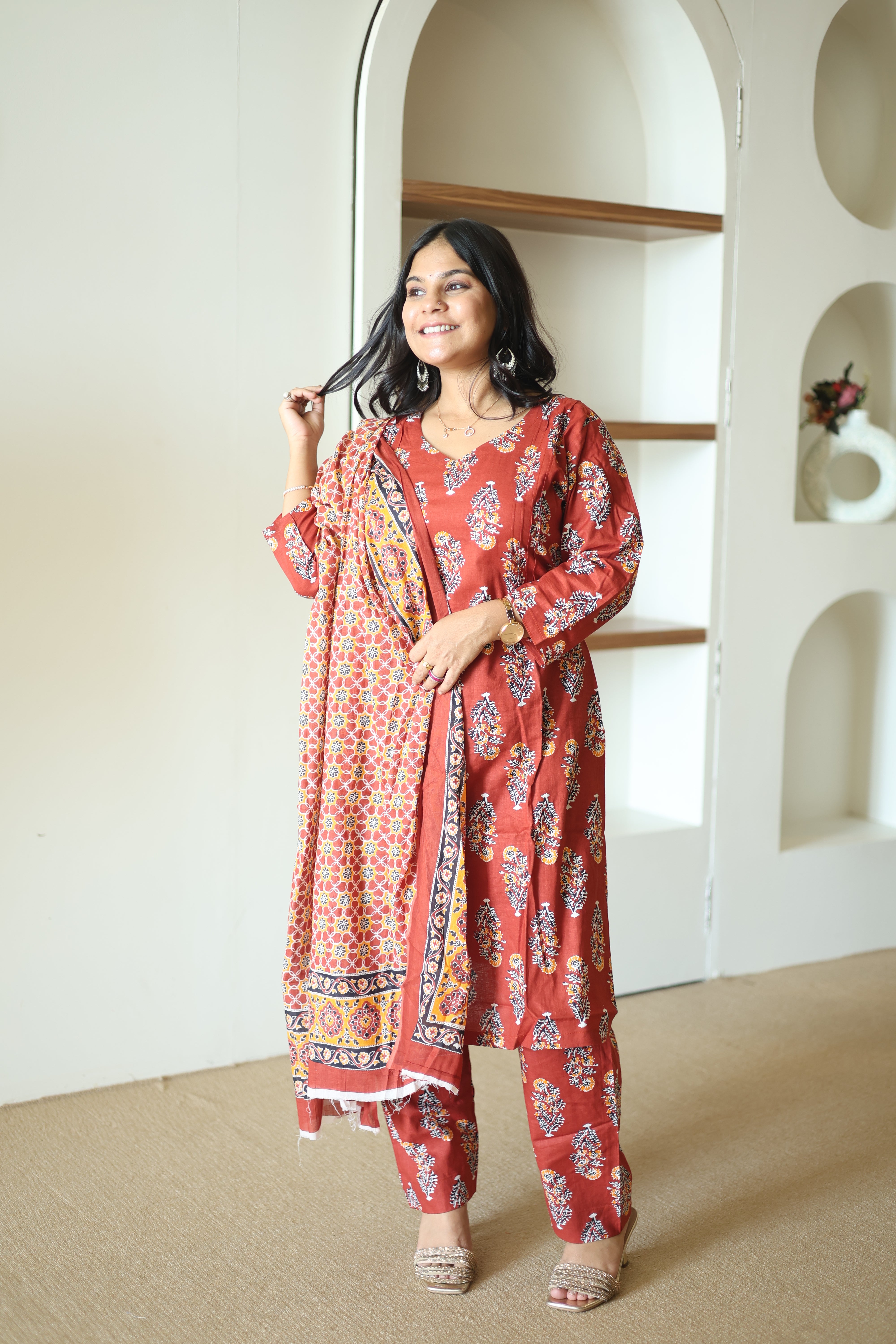 Rust Maroon Ajrakh Print Cotton Kurta Set