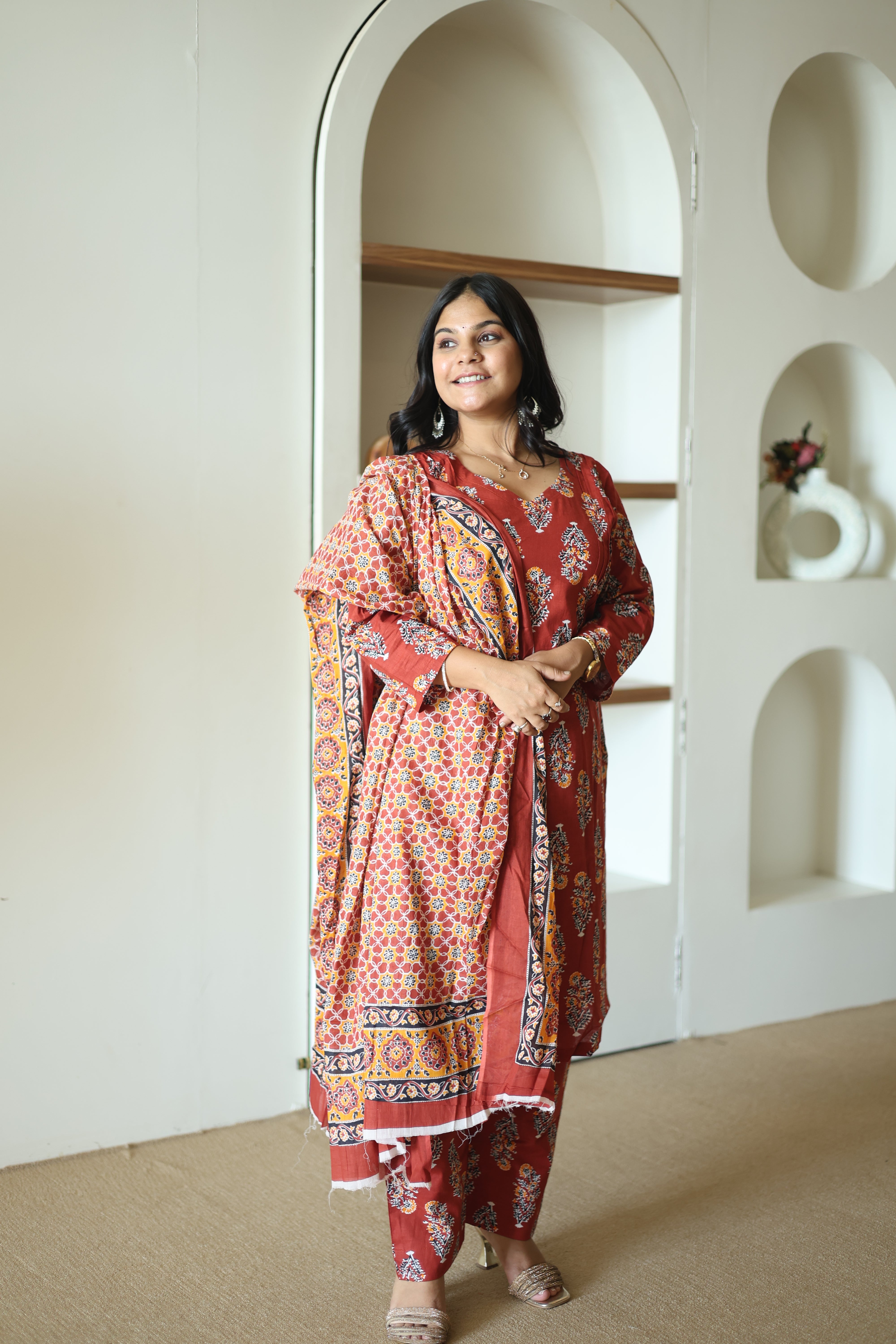Rust Maroon Ajrakh Print Cotton Kurta Set