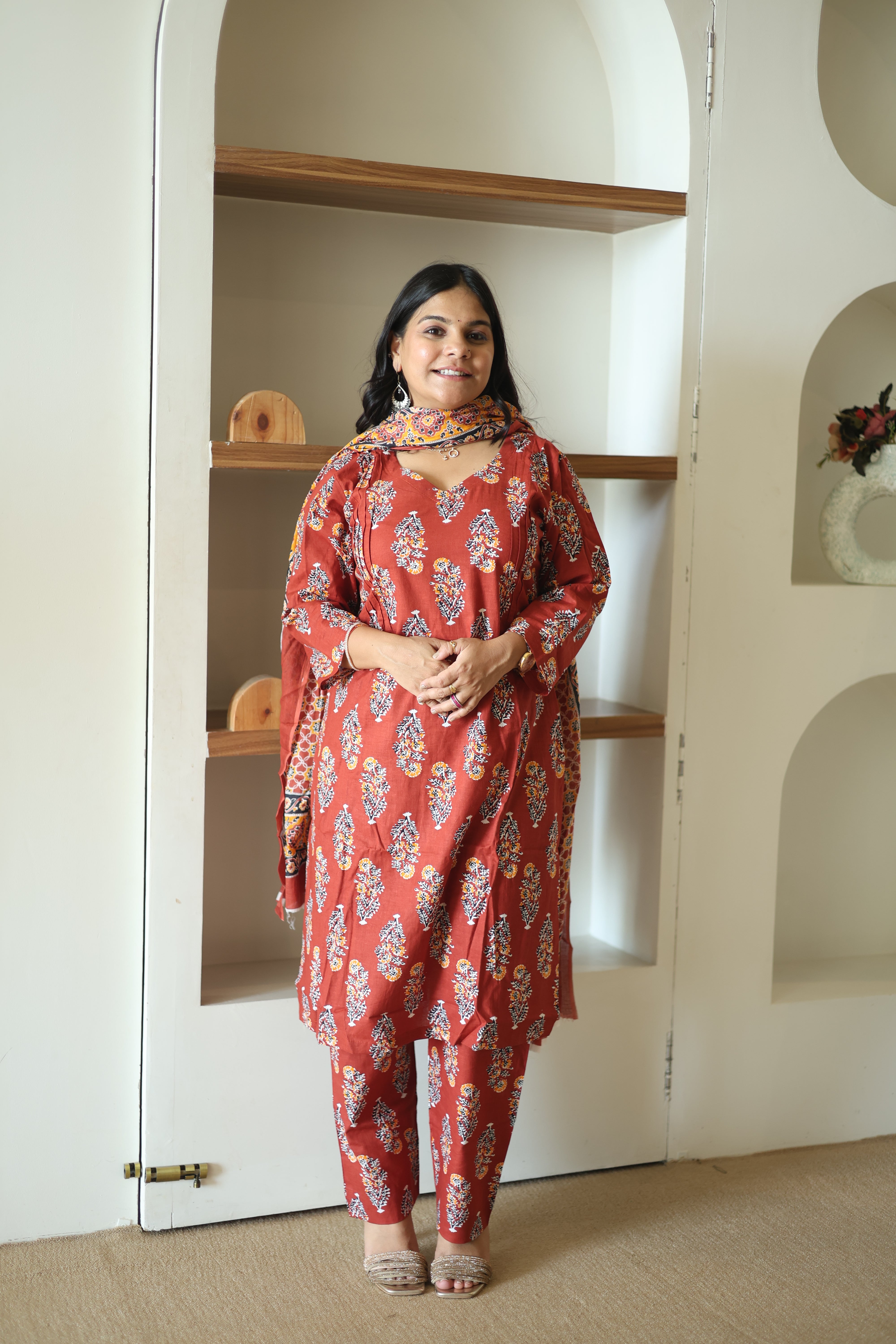 Rust Maroon Ajrakh Print Cotton Kurta Set