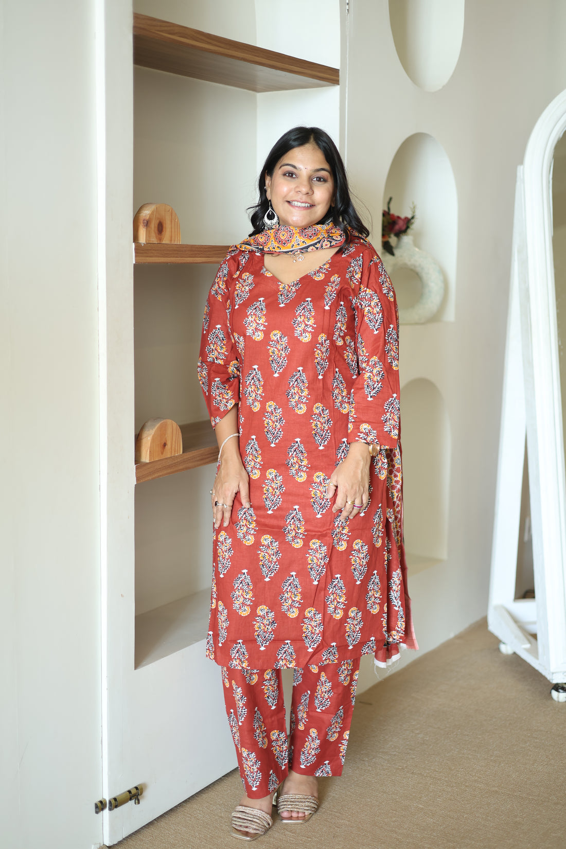 Rust Maroon Ajrakh Print Cotton Kurta Set