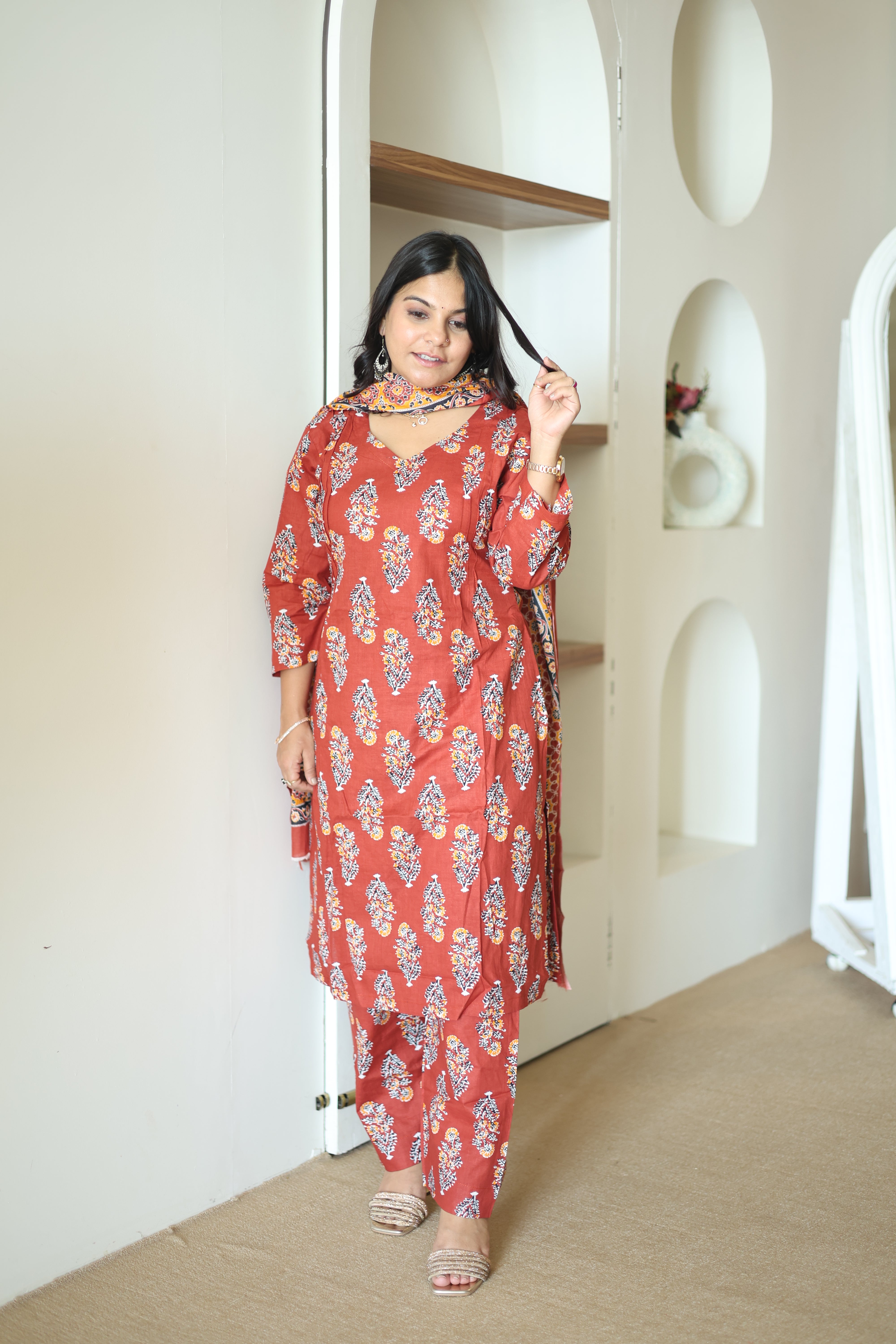 Rust Maroon Ajrakh Print Cotton Kurta Set