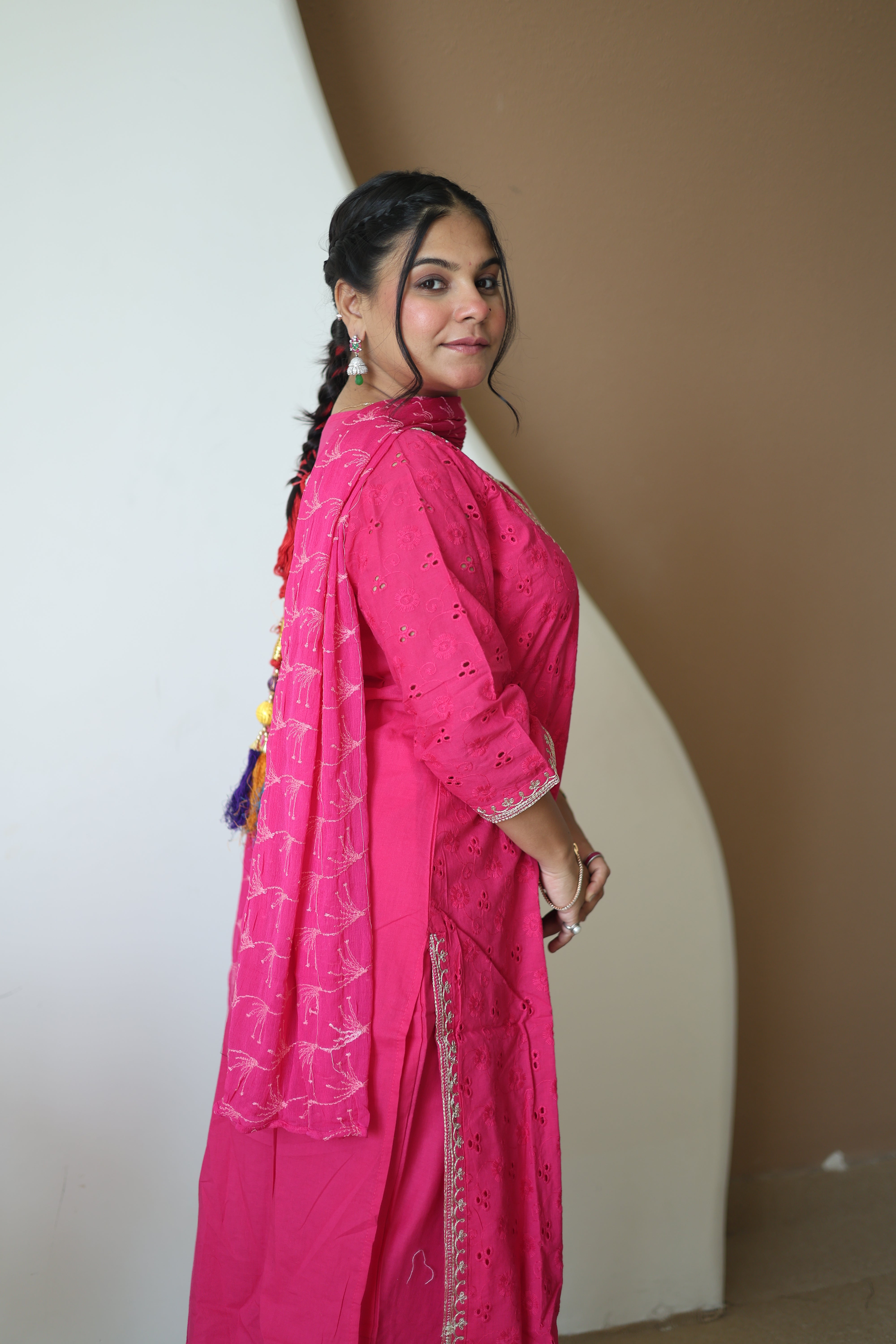 Rani Pink Chikankari Cotton Kurta Pant Set