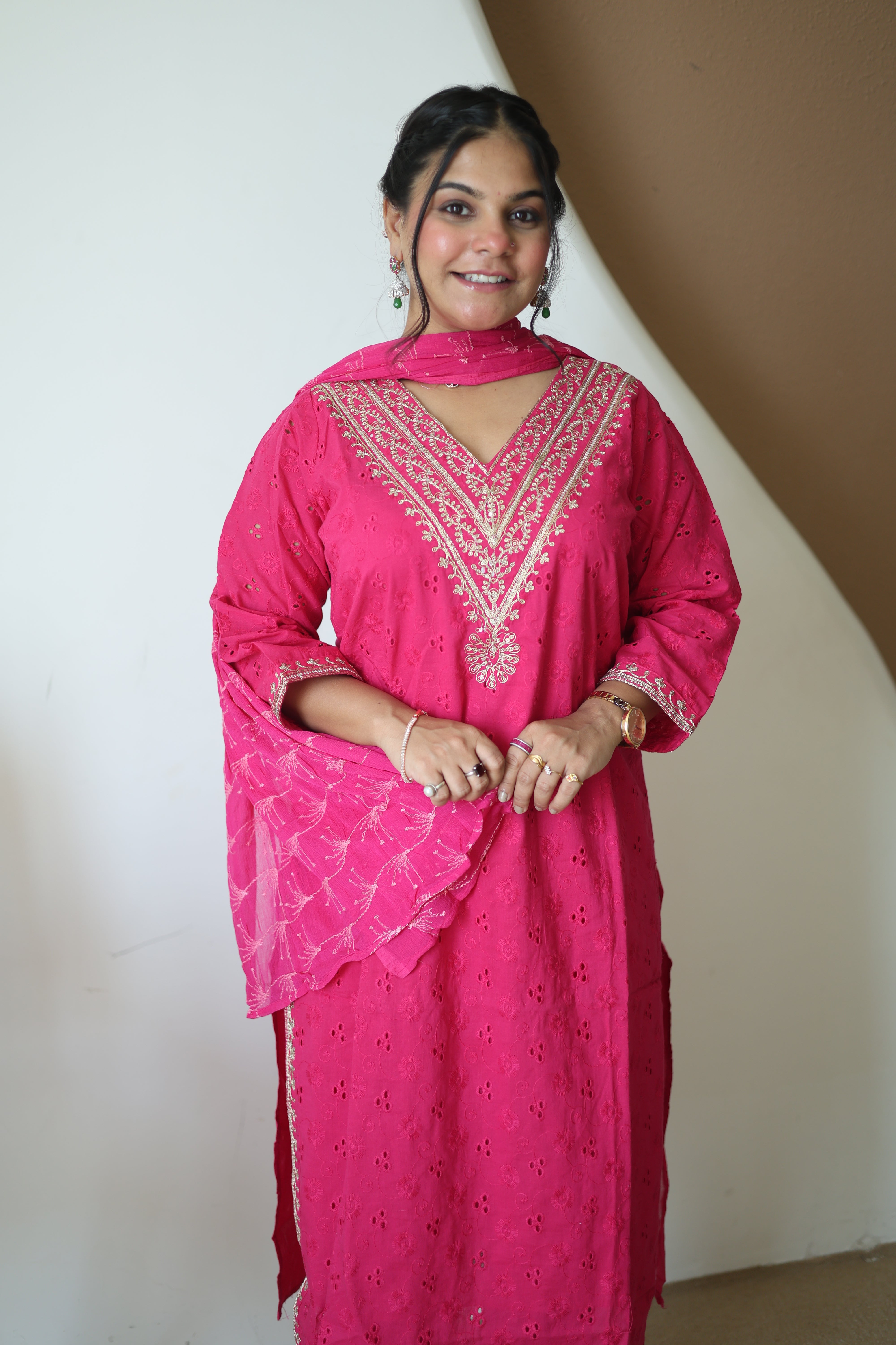 Rani Pink Chikankari Cotton Kurta Pant Set