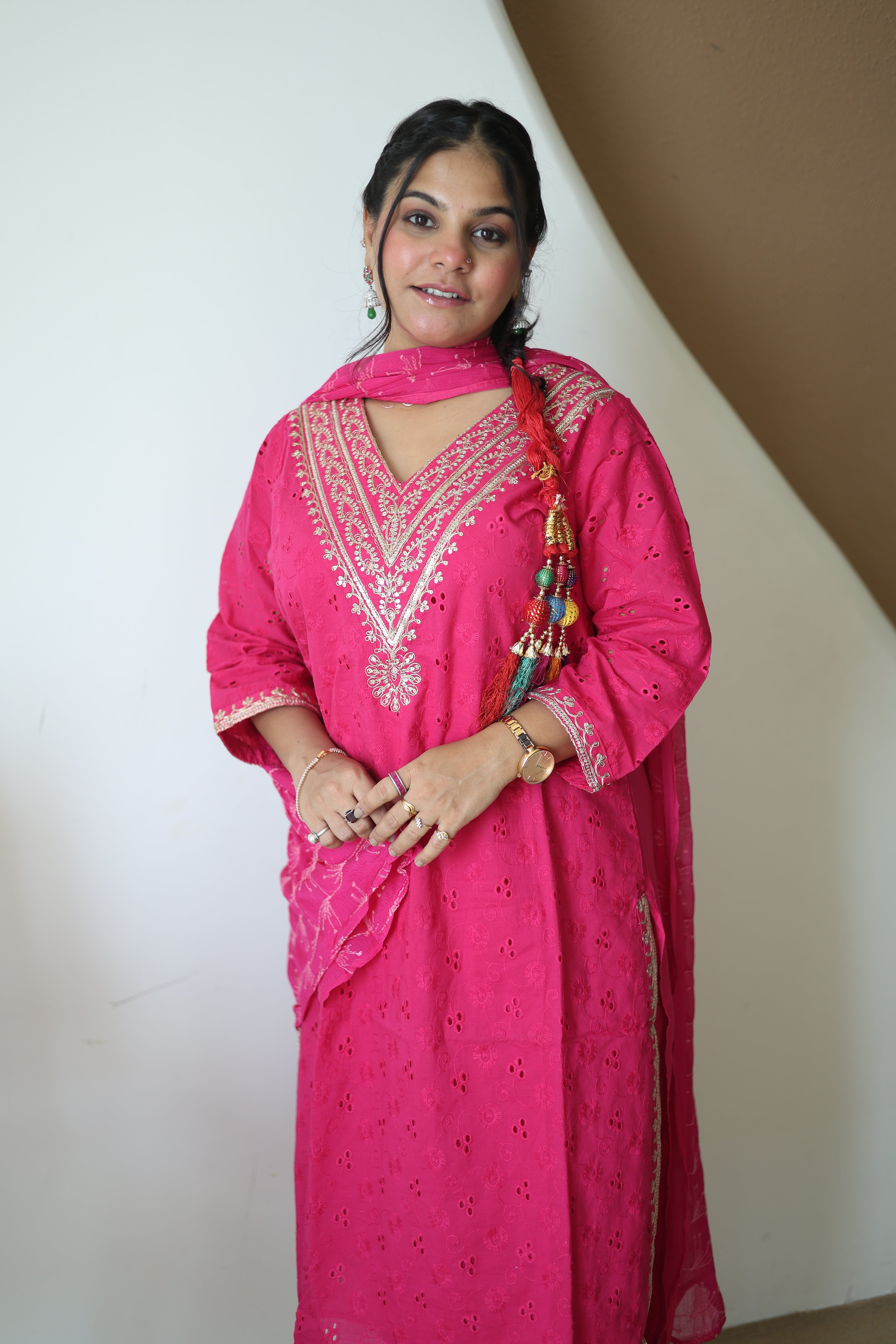 Rani Pink Chikankari Cotton Kurta Pant Set