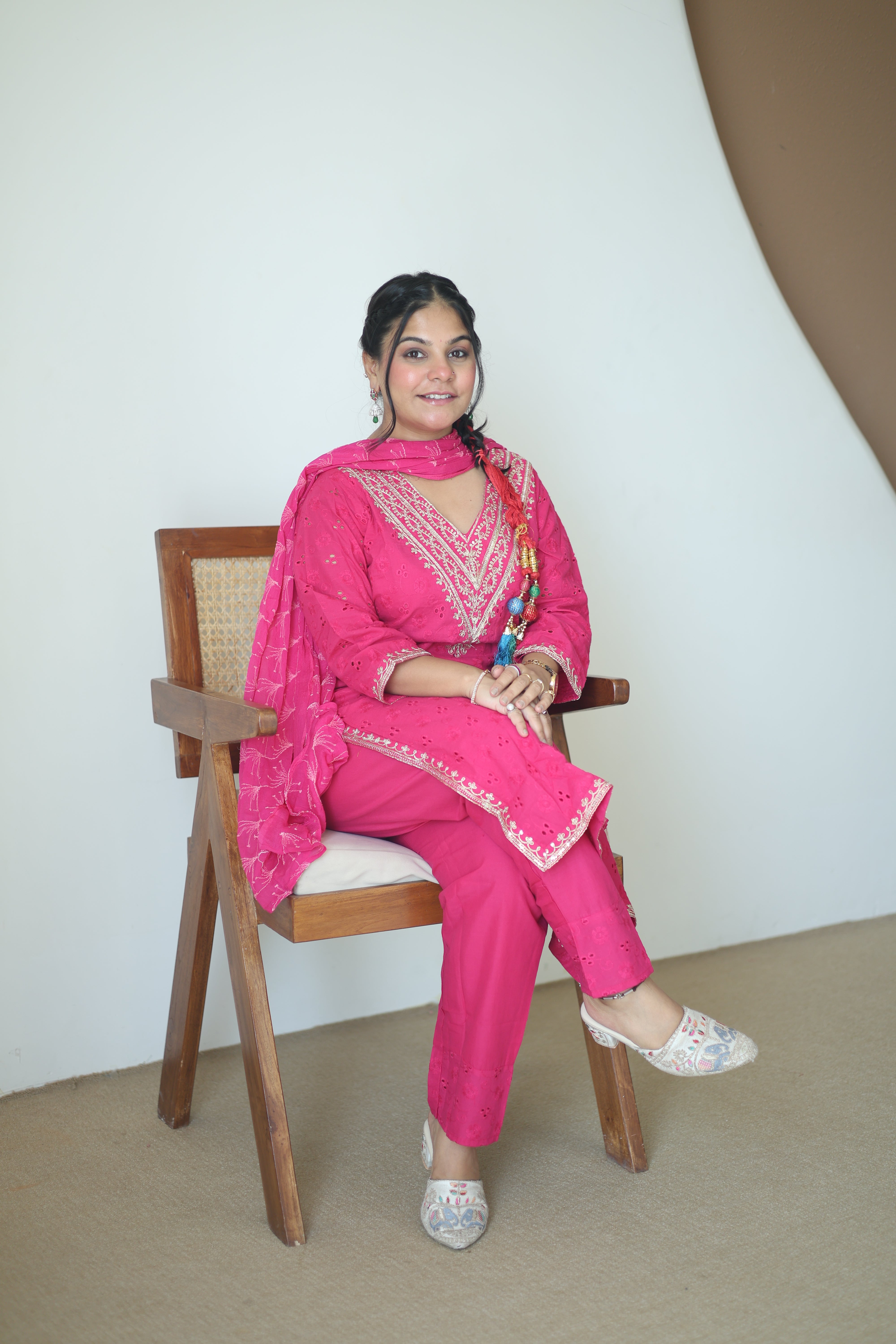 Rani Pink Chikankari Cotton Kurta Pant Set
