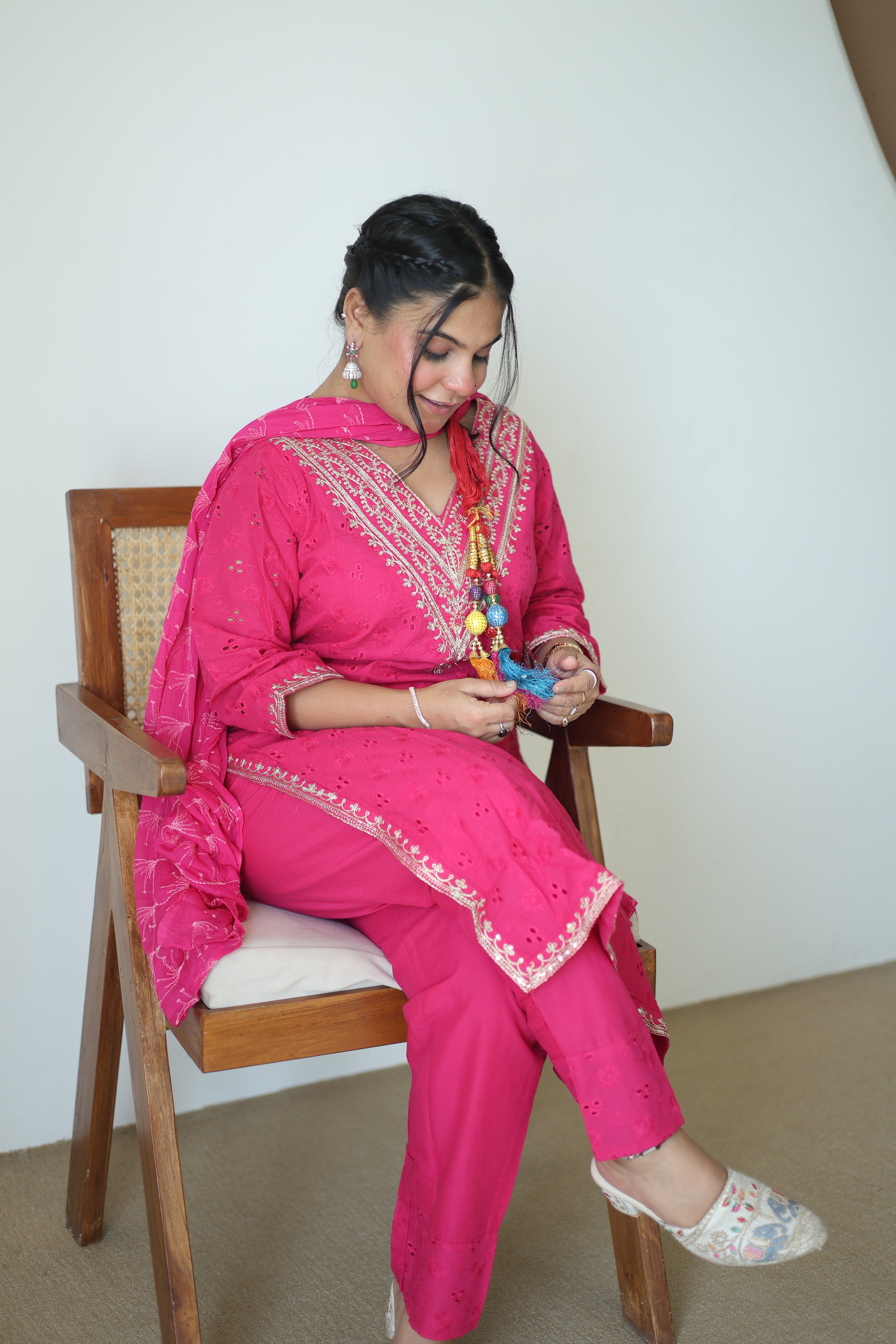 Rani Pink Chikankari Cotton Kurta Pant Set