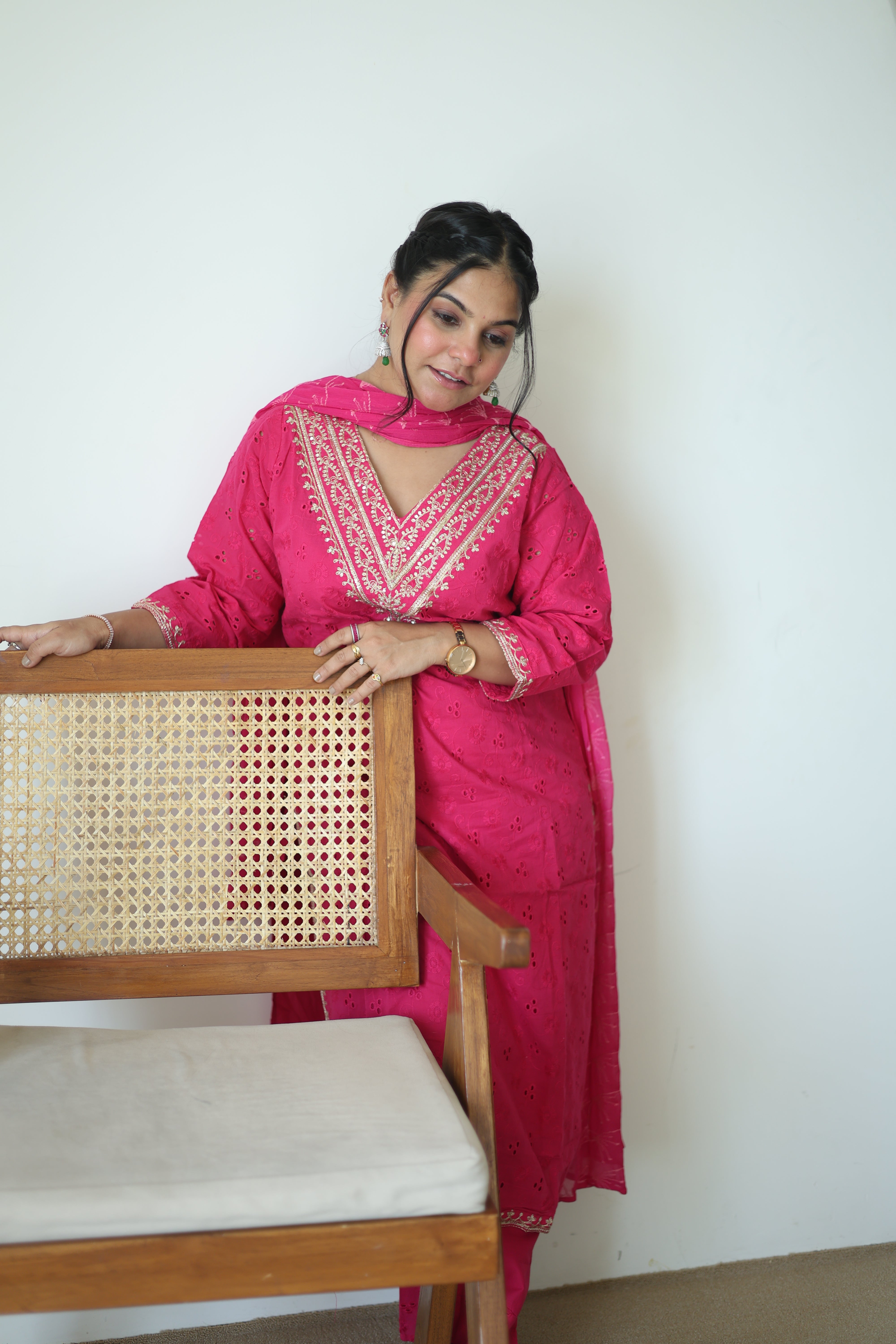 Rani Pink Chikankari Cotton Kurta Pant Set