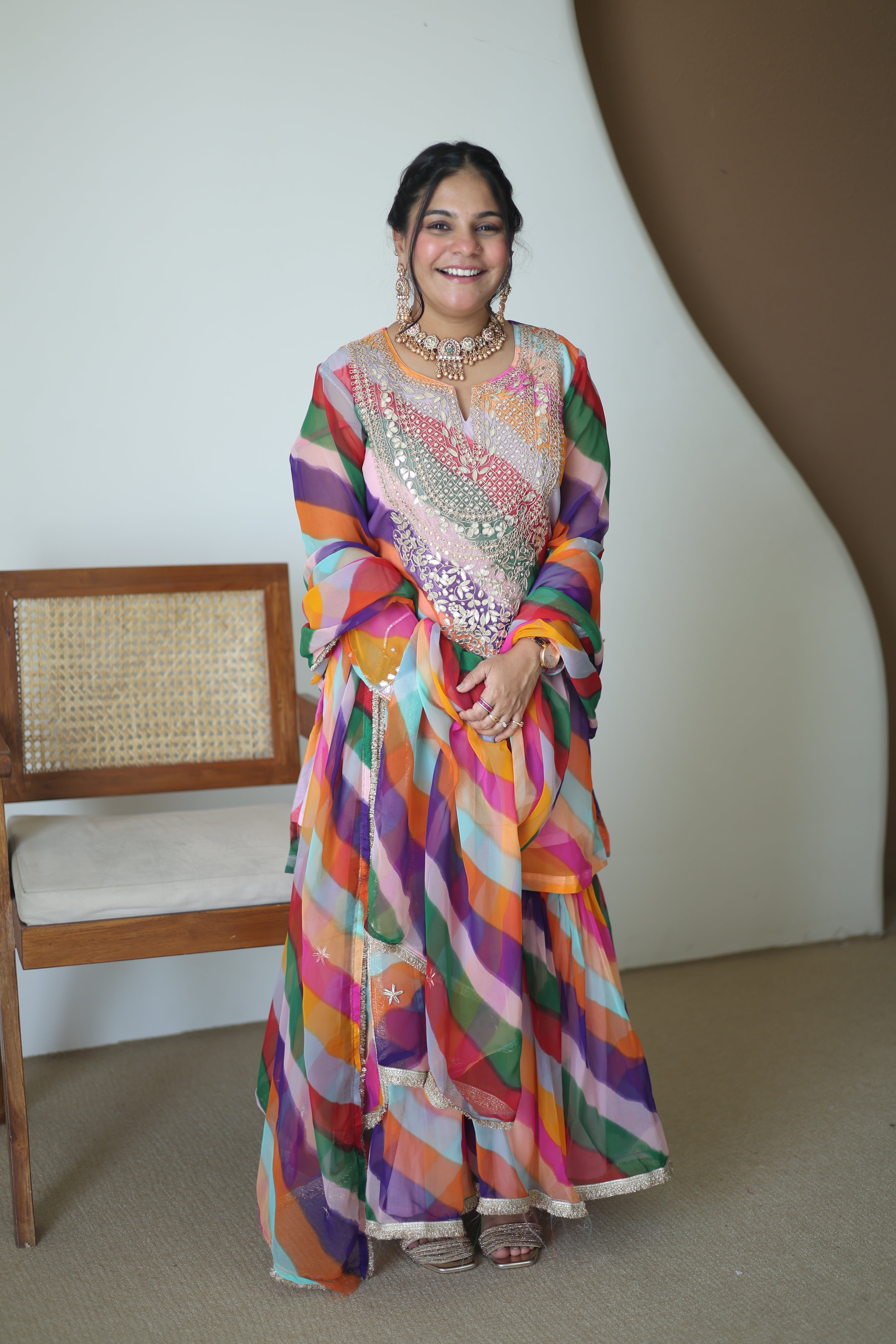 Multicolor Leheriya Silk Sharara Set with Gota Patti Work