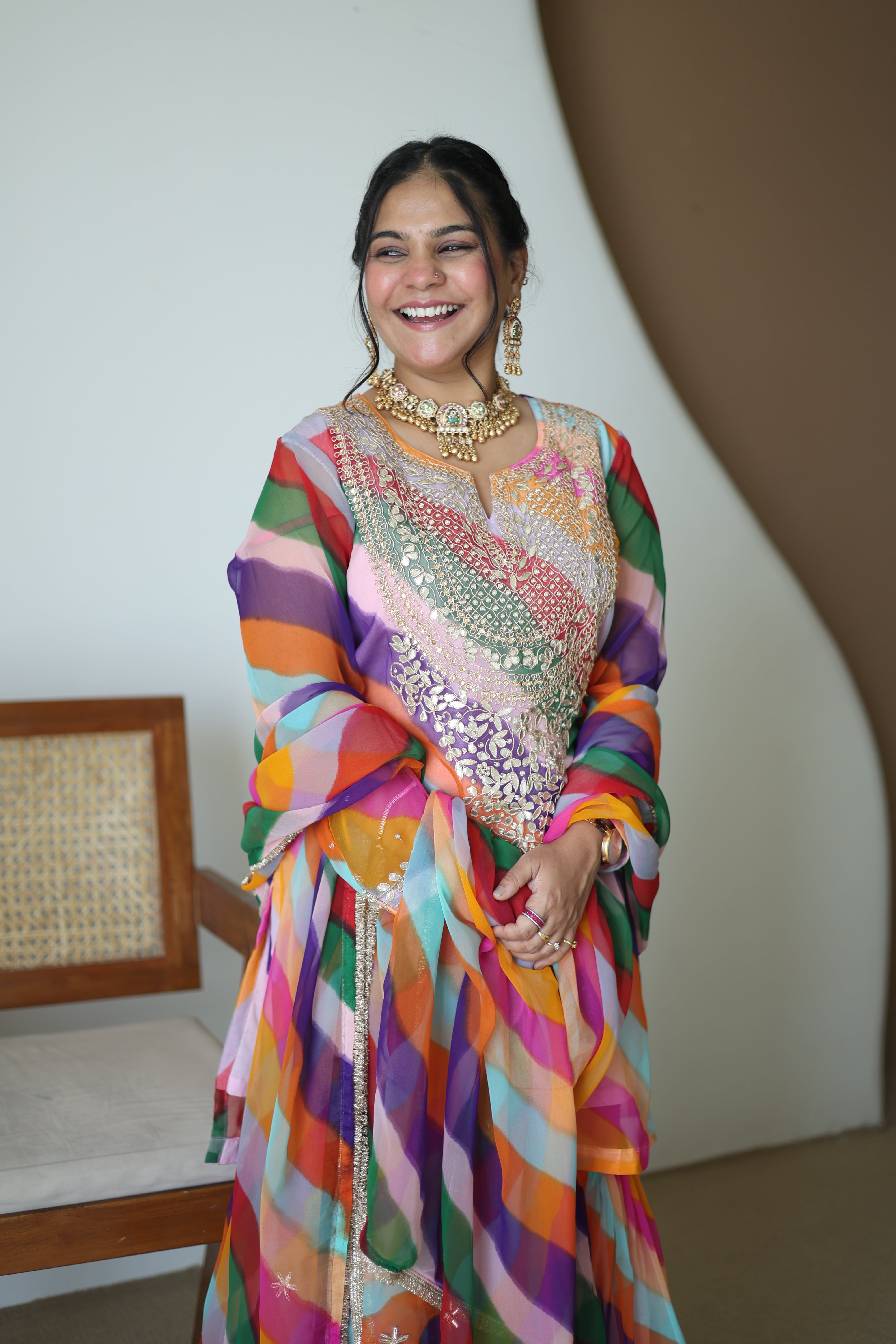 Multicolor Leheriya Silk Sharara Set with Gota Patti Work