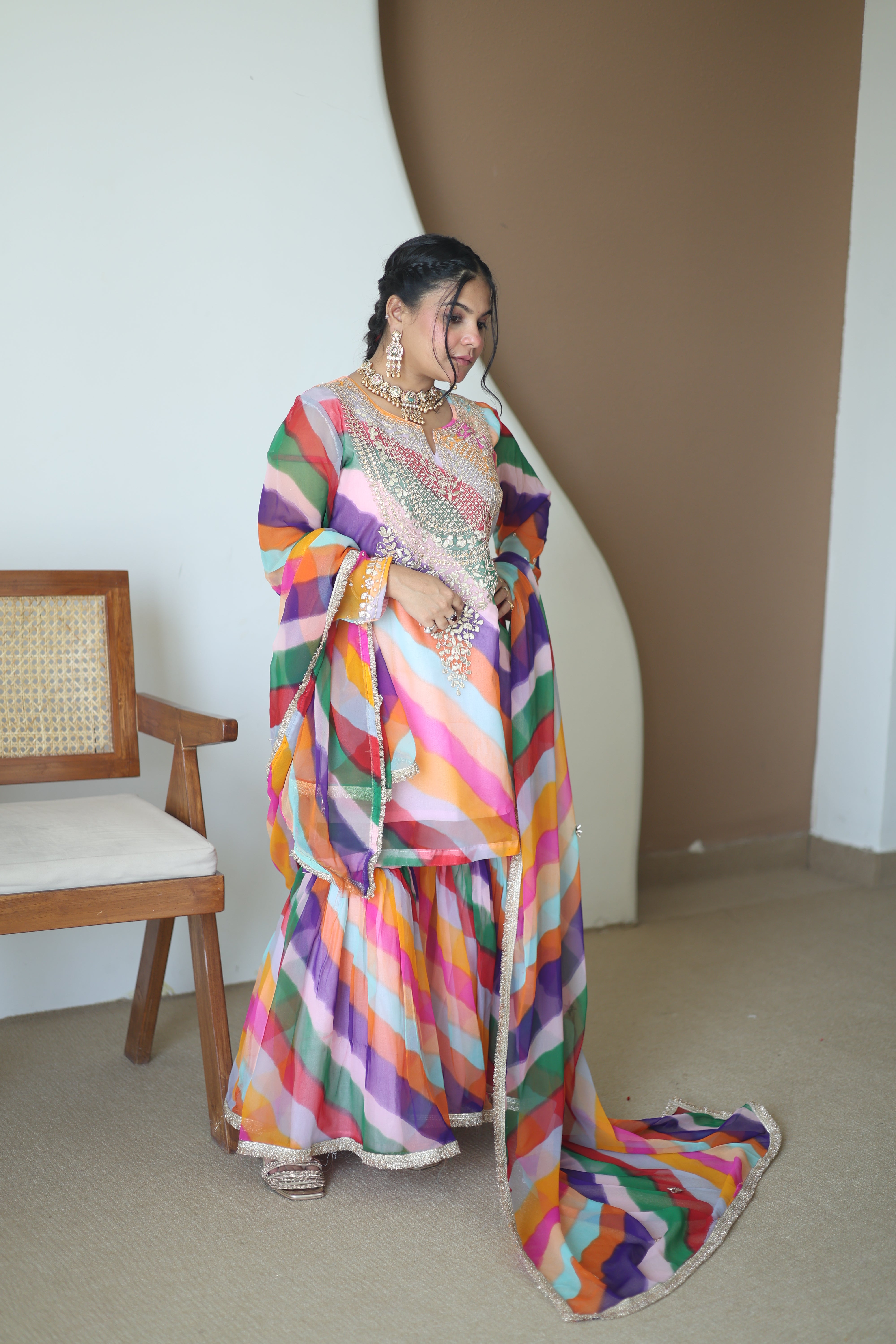 Multicolor Leheriya Silk Sharara Set with Gota Patti Work