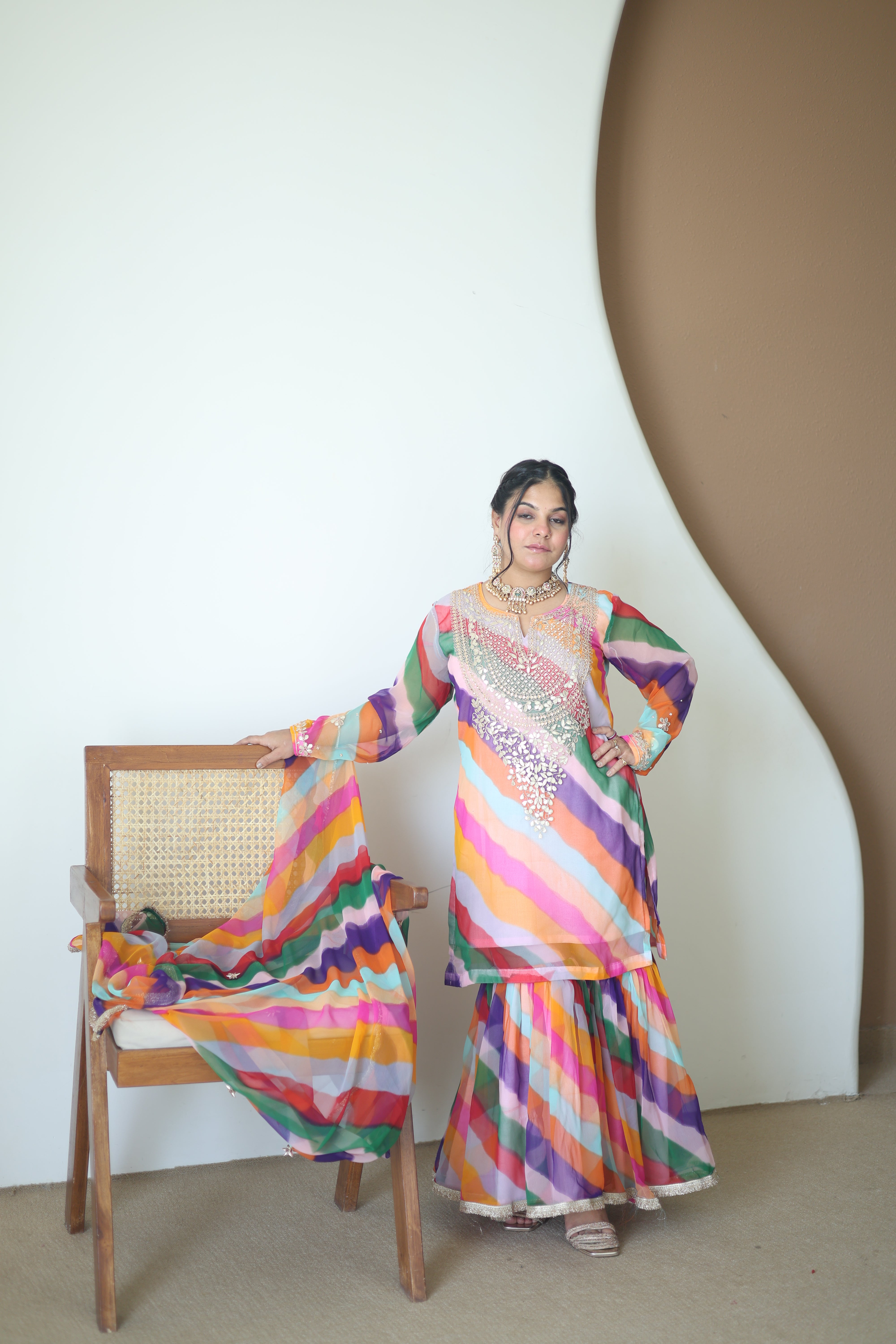 Multicolor Leheriya Silk Sharara Set with Gota Patti Work