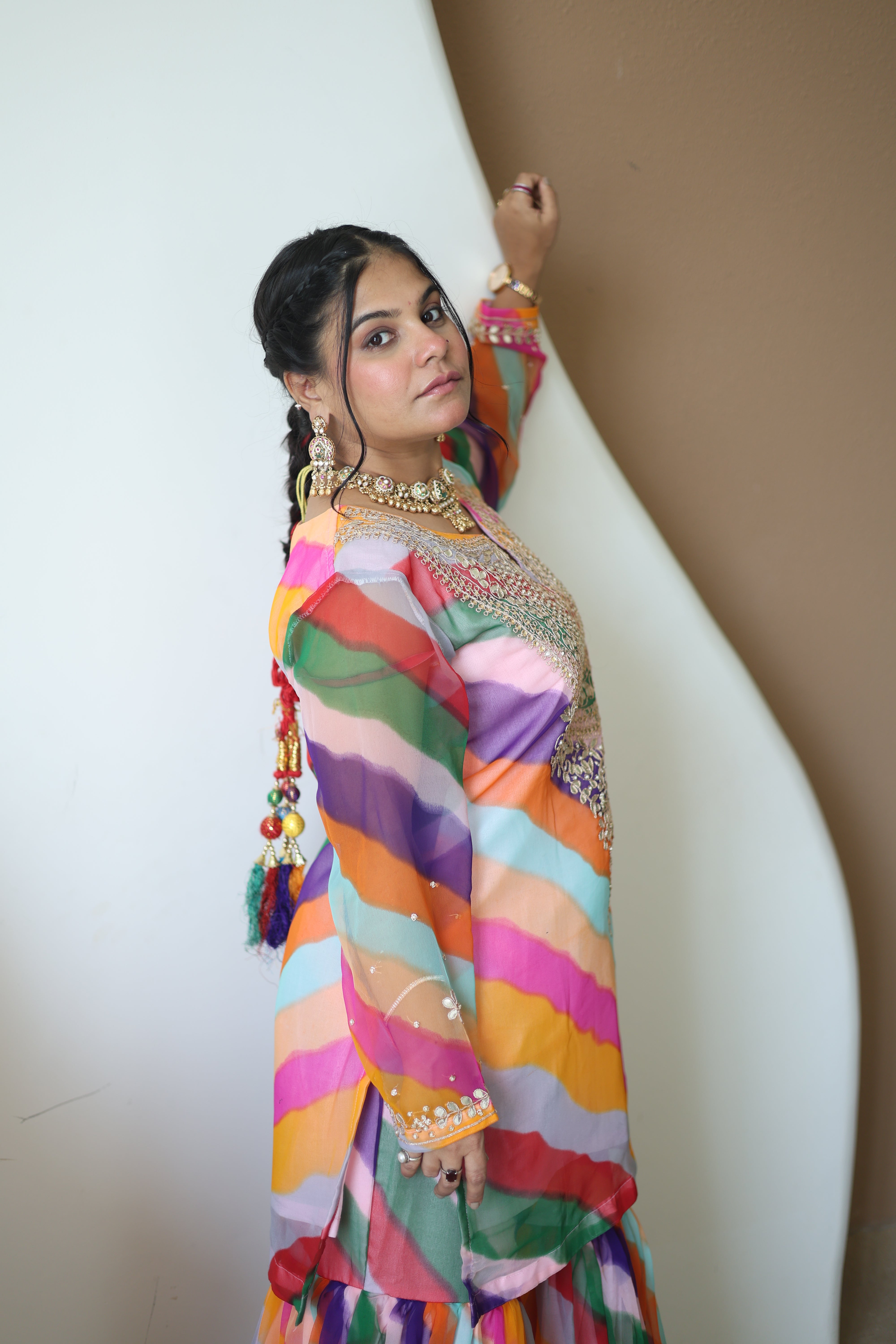 Multicolor Leheriya Silk Sharara Set with Gota Patti Work