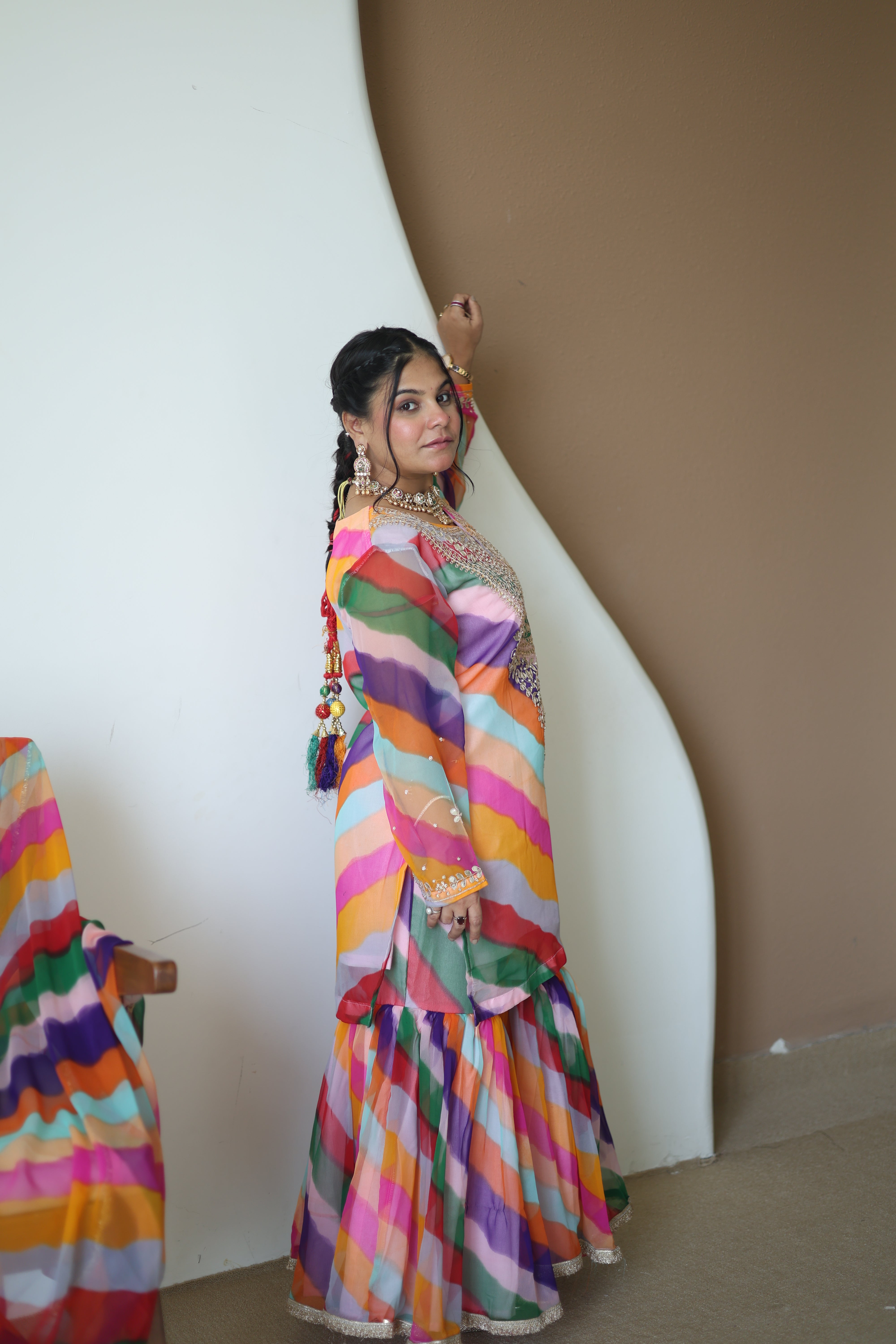Multicolor Leheriya Silk Sharara Set with Gota Patti Work