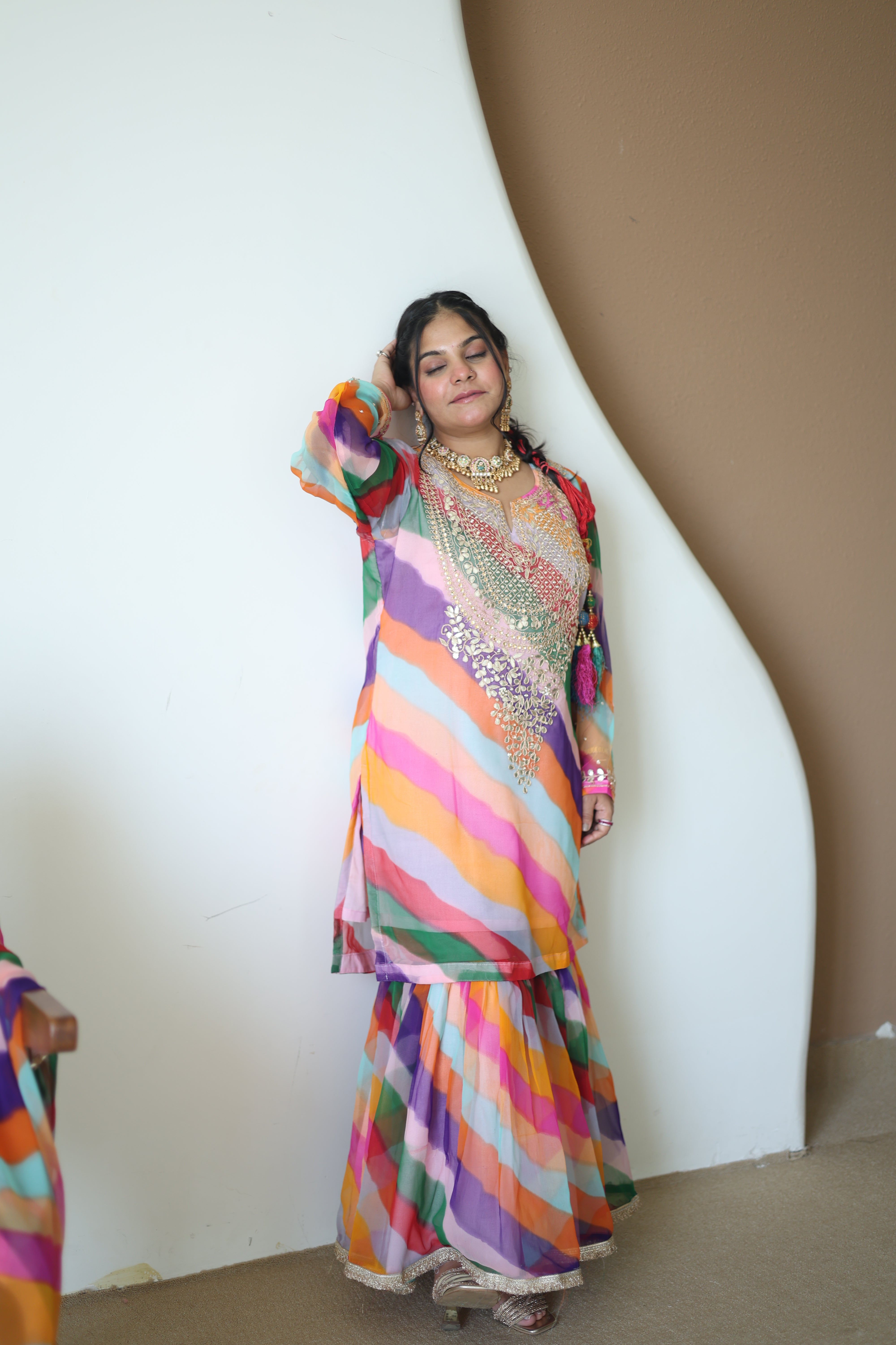 Multicolor Leheriya Silk Sharara Set with Gota Patti Work