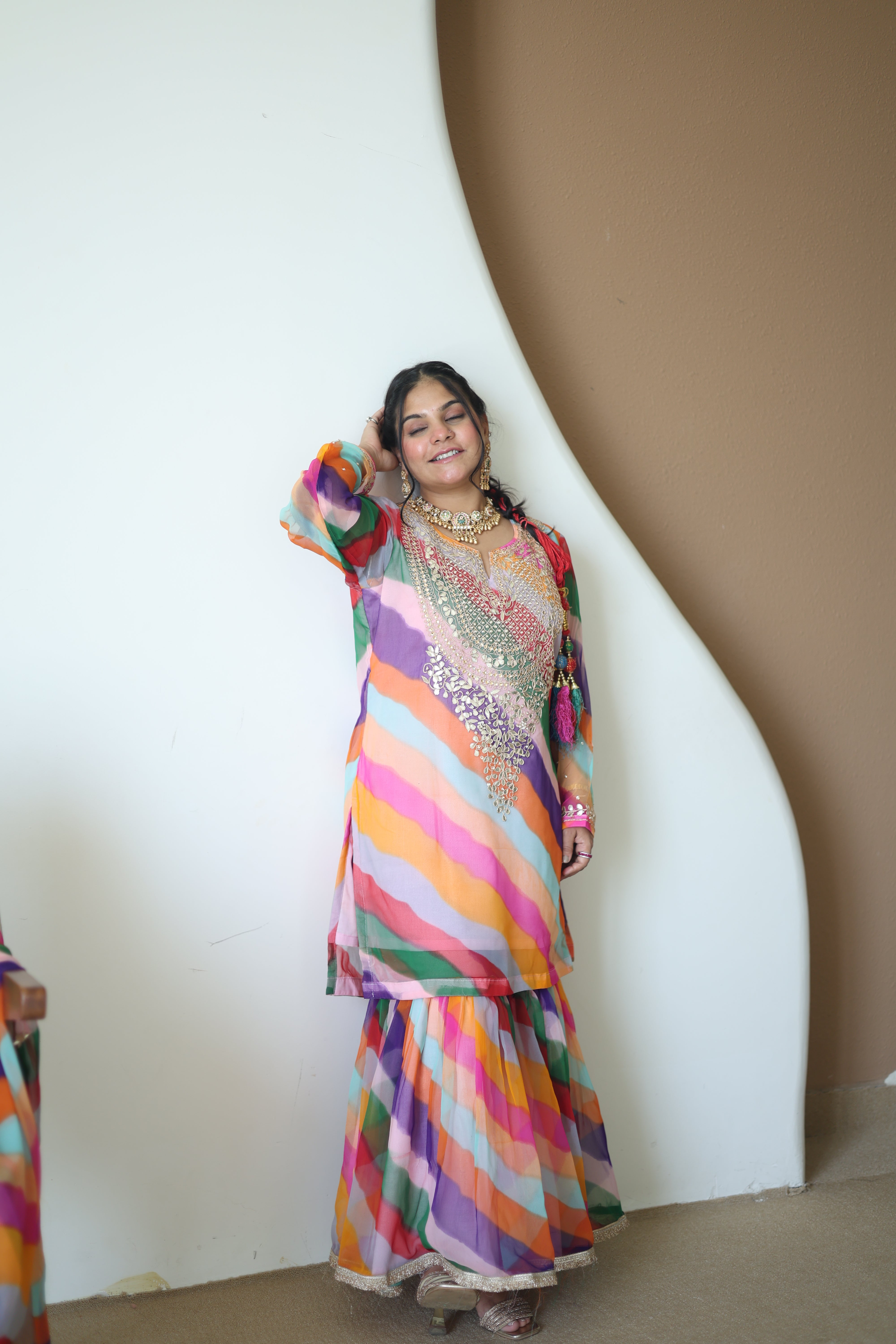 Multicolor Leheriya Silk Sharara Set with Gota Patti Work