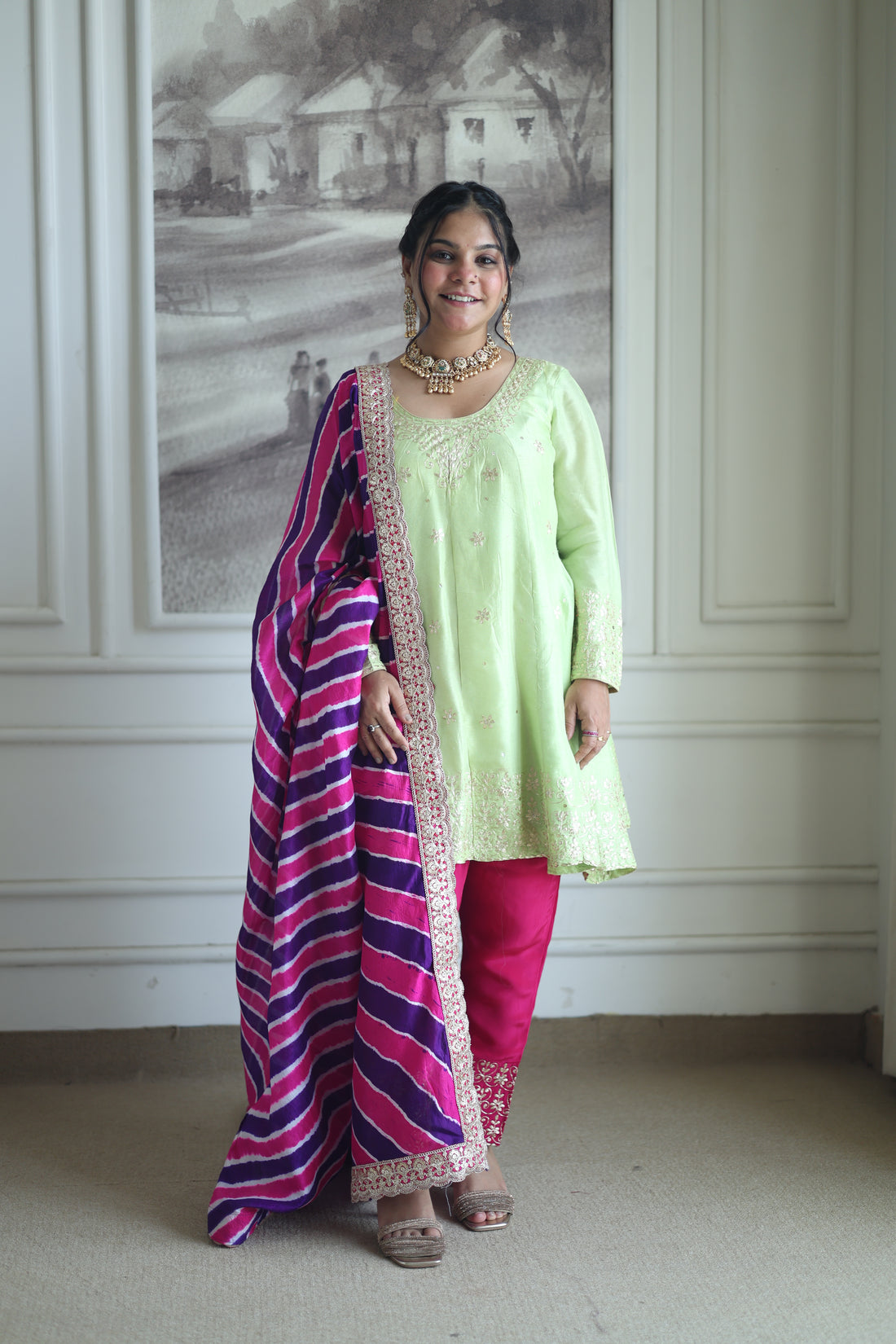 Pistachio Green Silk Kurti with Pink Leheriya Dupatta Set