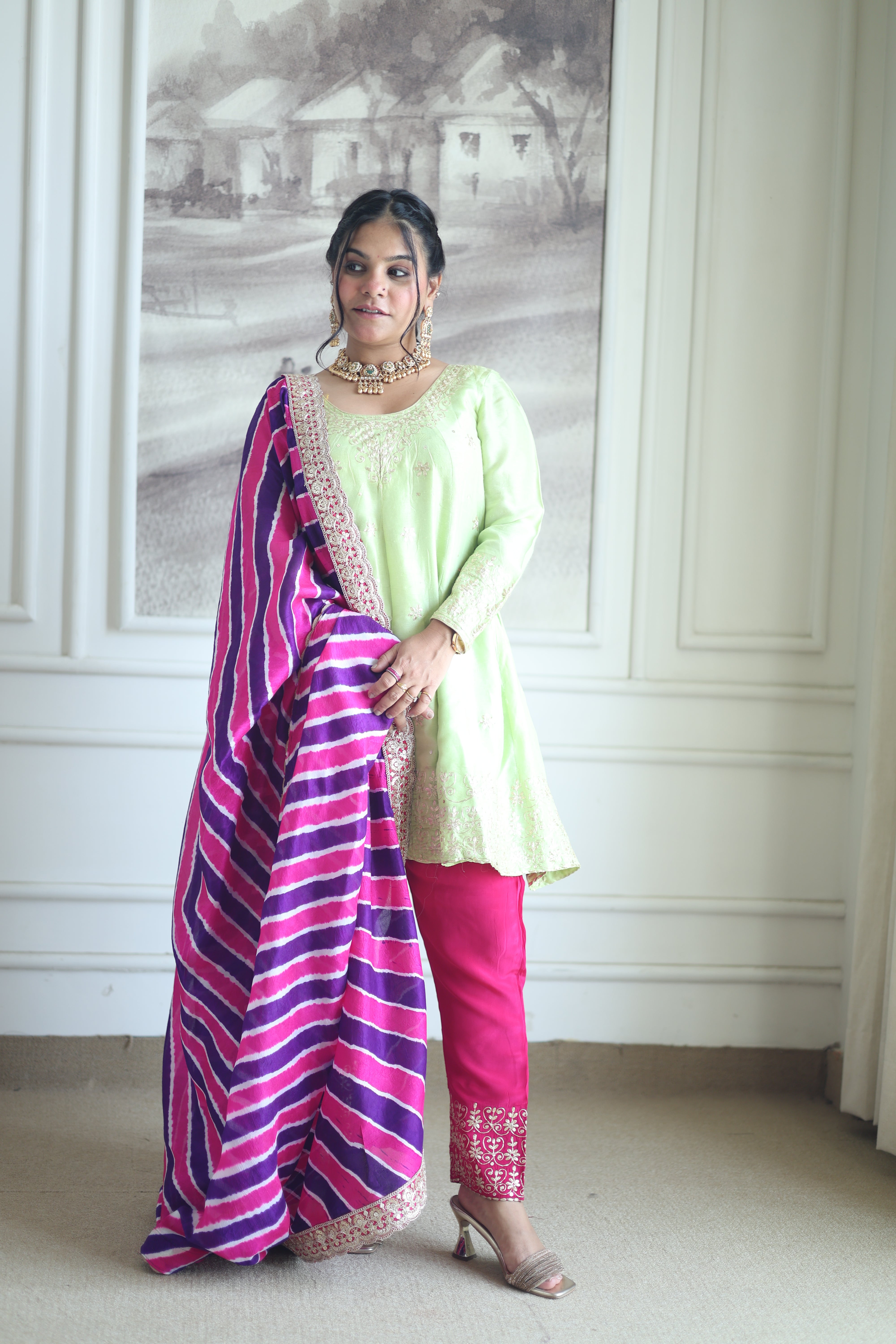 Pistachio Green Silk Kurti with Pink Leheriya Dupatta Set