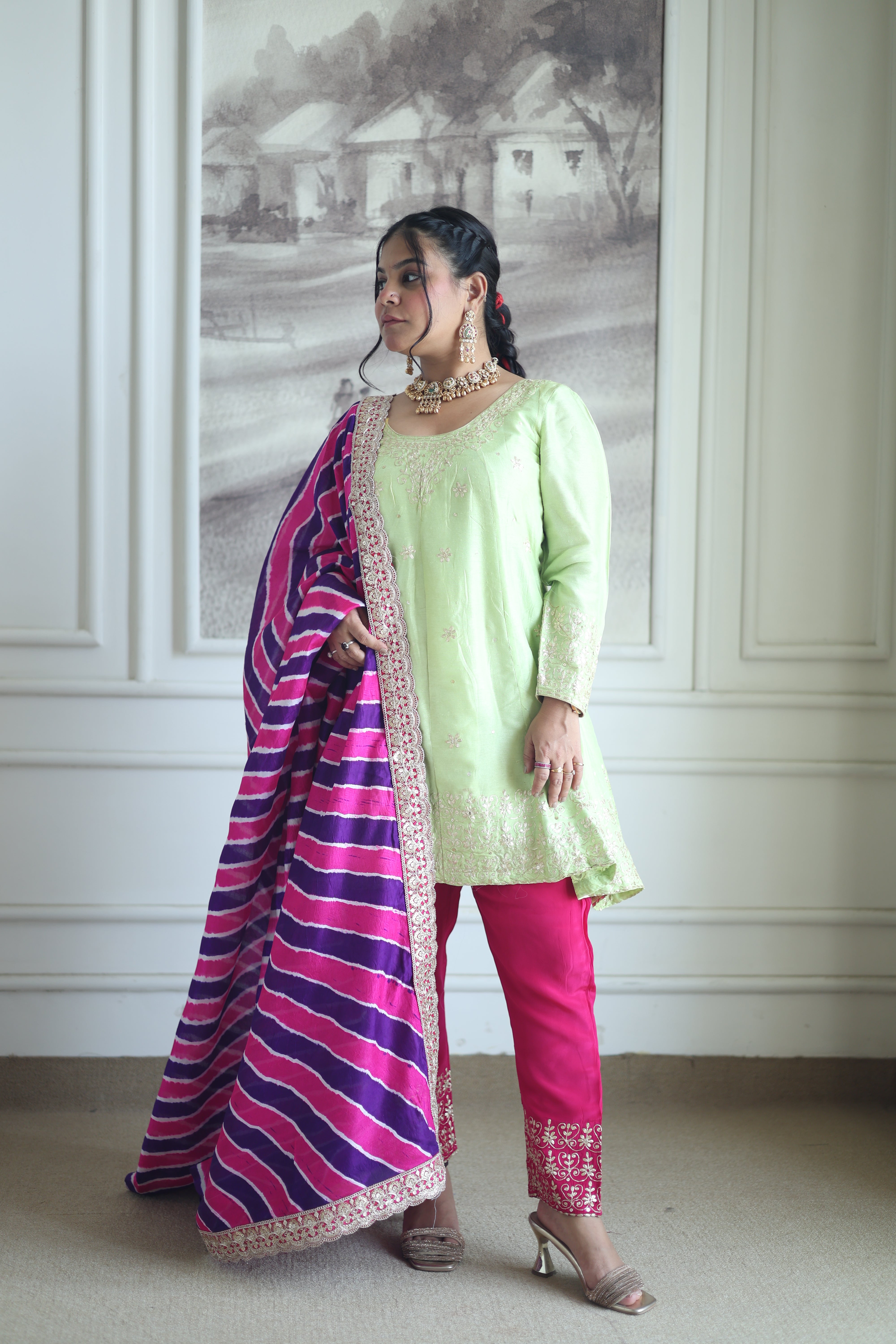 Pistachio Green Silk Kurti with Pink Leheriya Dupatta Set