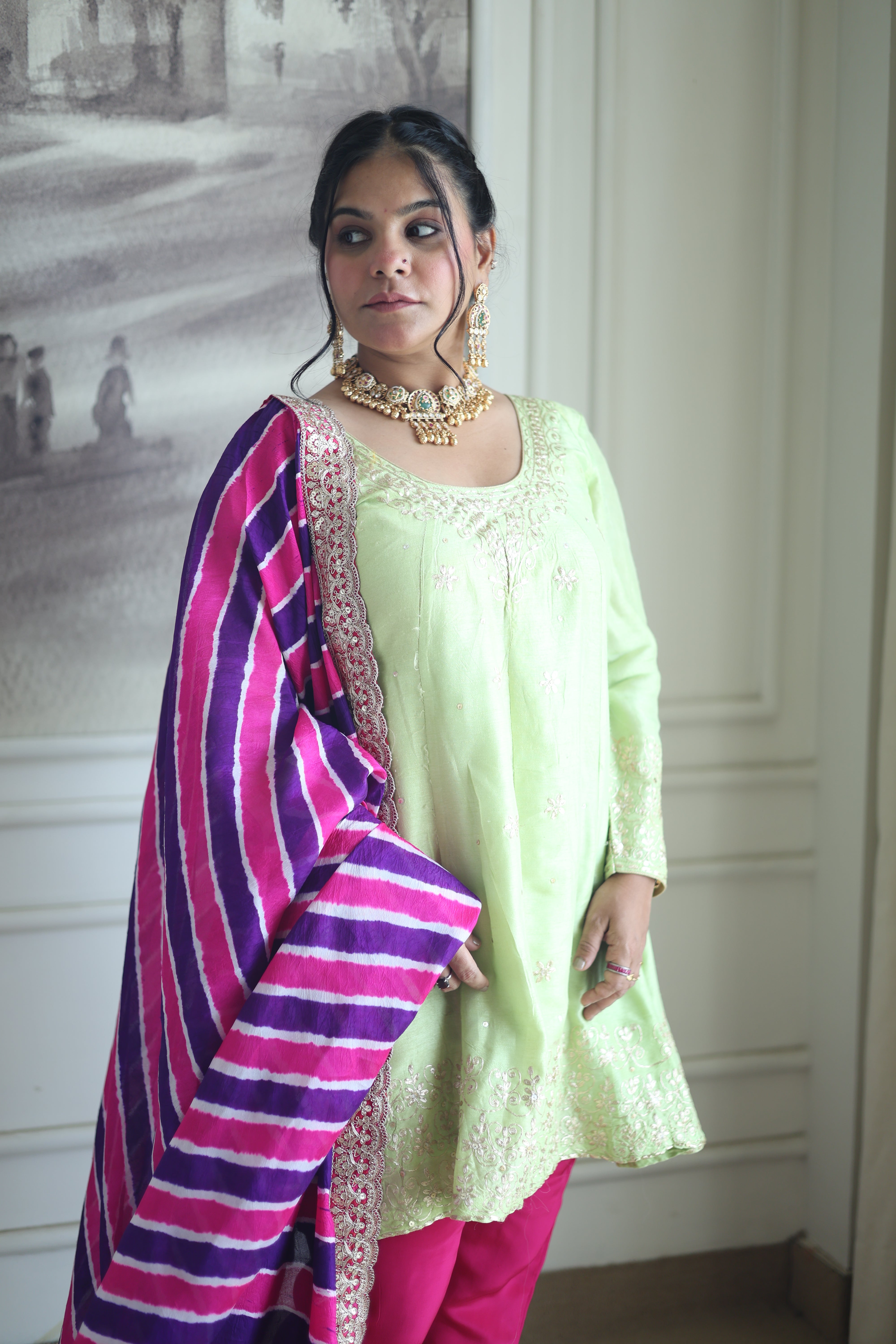 Pistachio Green Silk Kurti with Pink Leheriya Dupatta Set