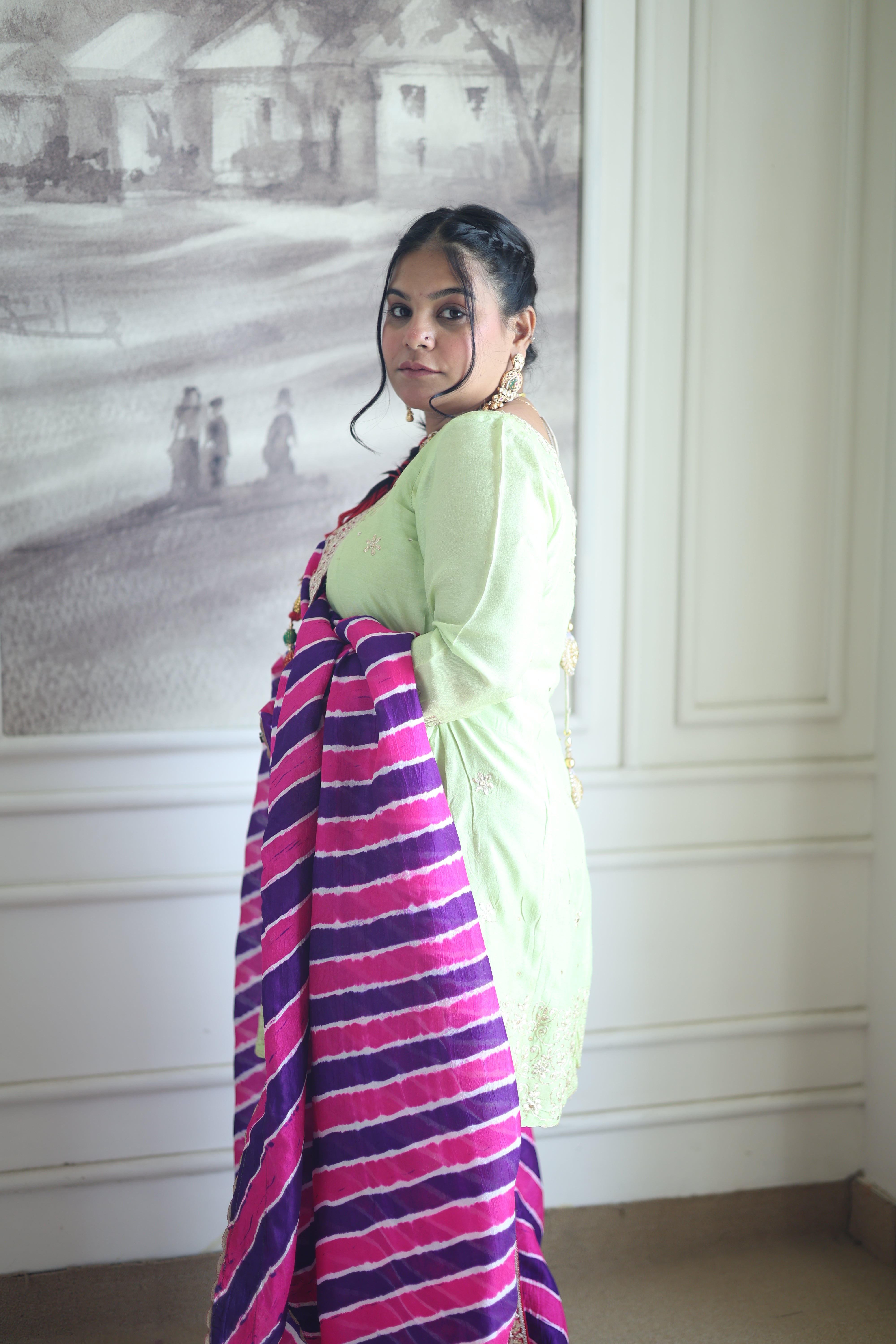 Pistachio Green Silk Kurti with Pink Leheriya Dupatta Set