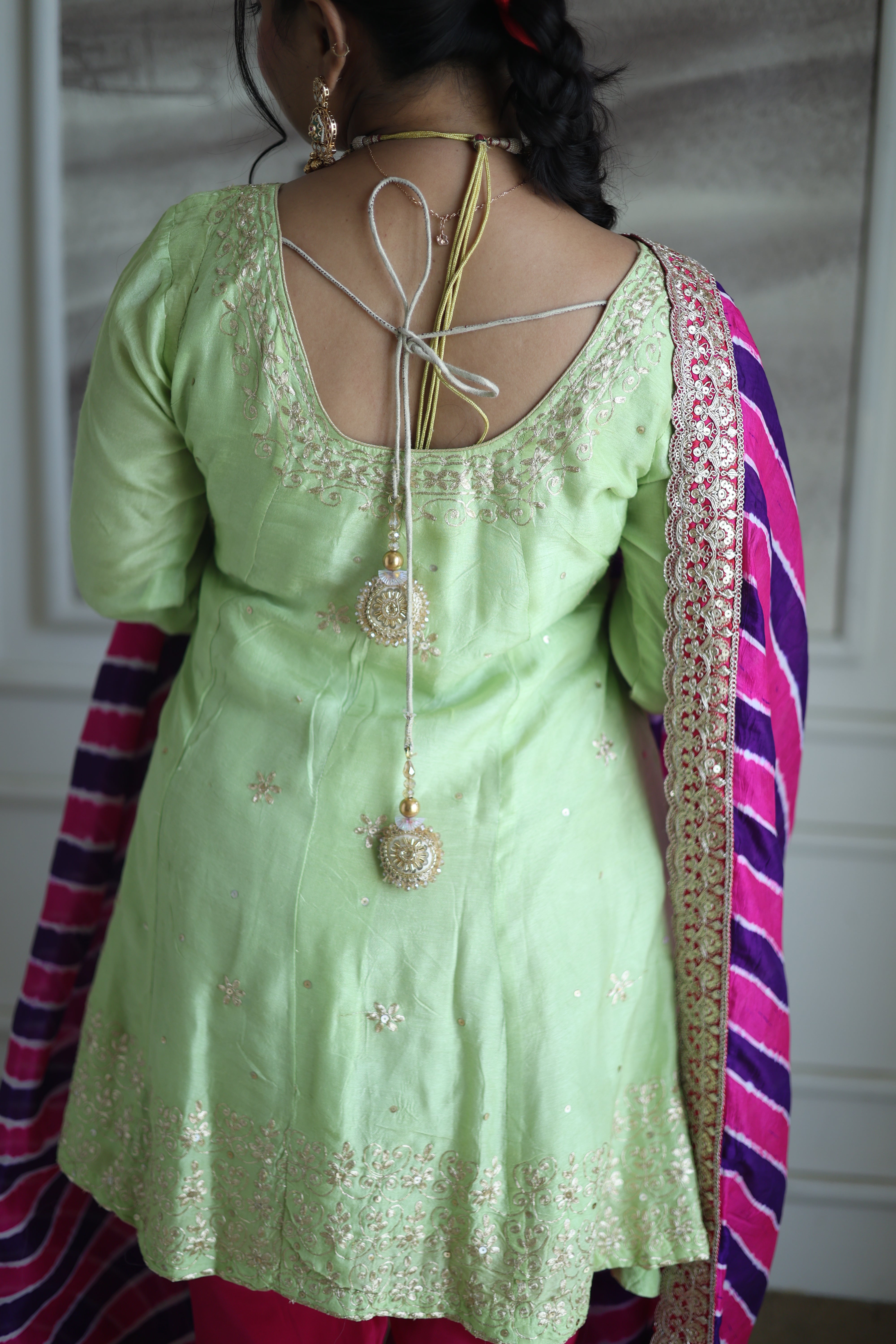 Pistachio Green Silk Kurti with Pink Leheriya Dupatta Set