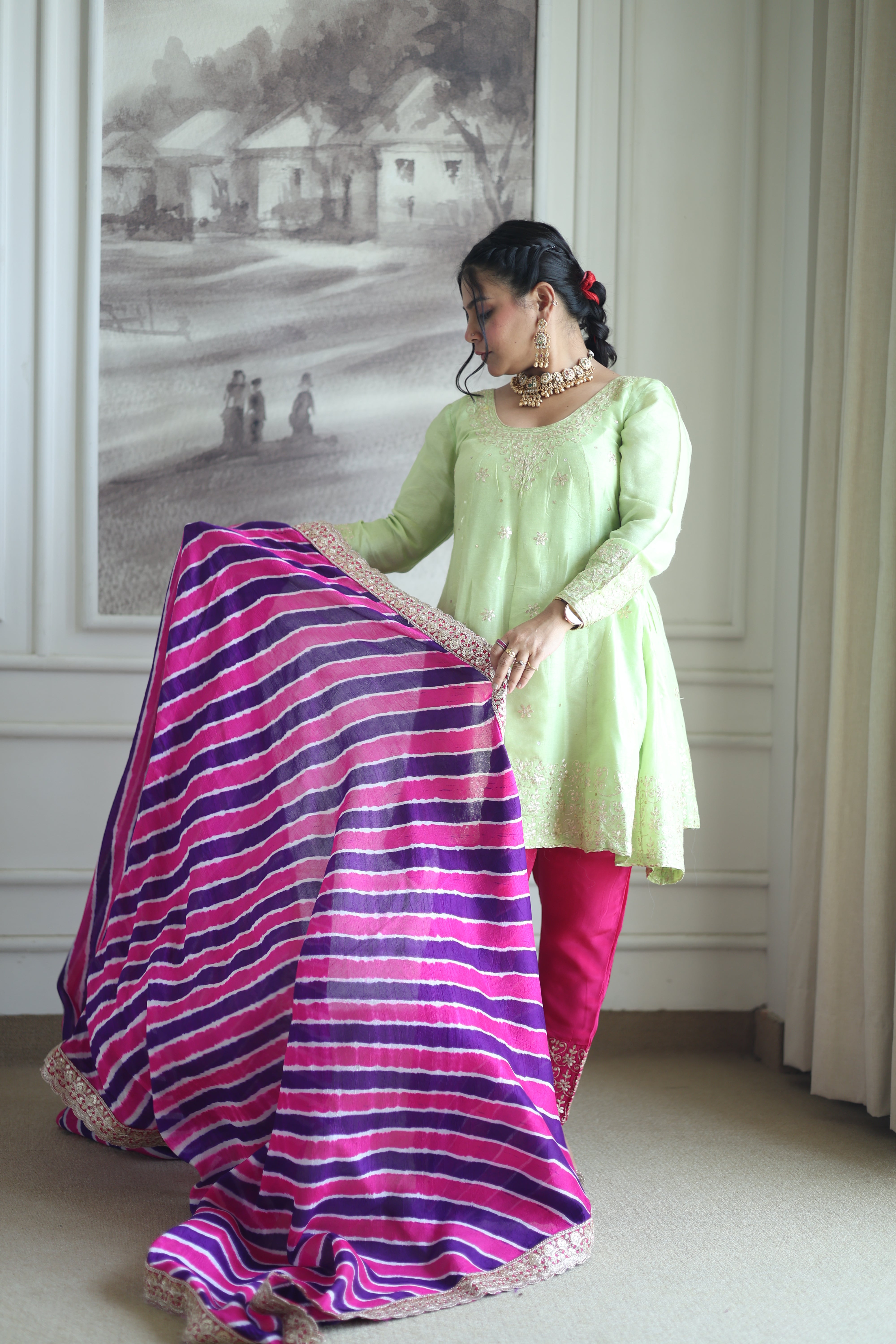Pistachio Green Silk Kurti with Pink Leheriya Dupatta Set