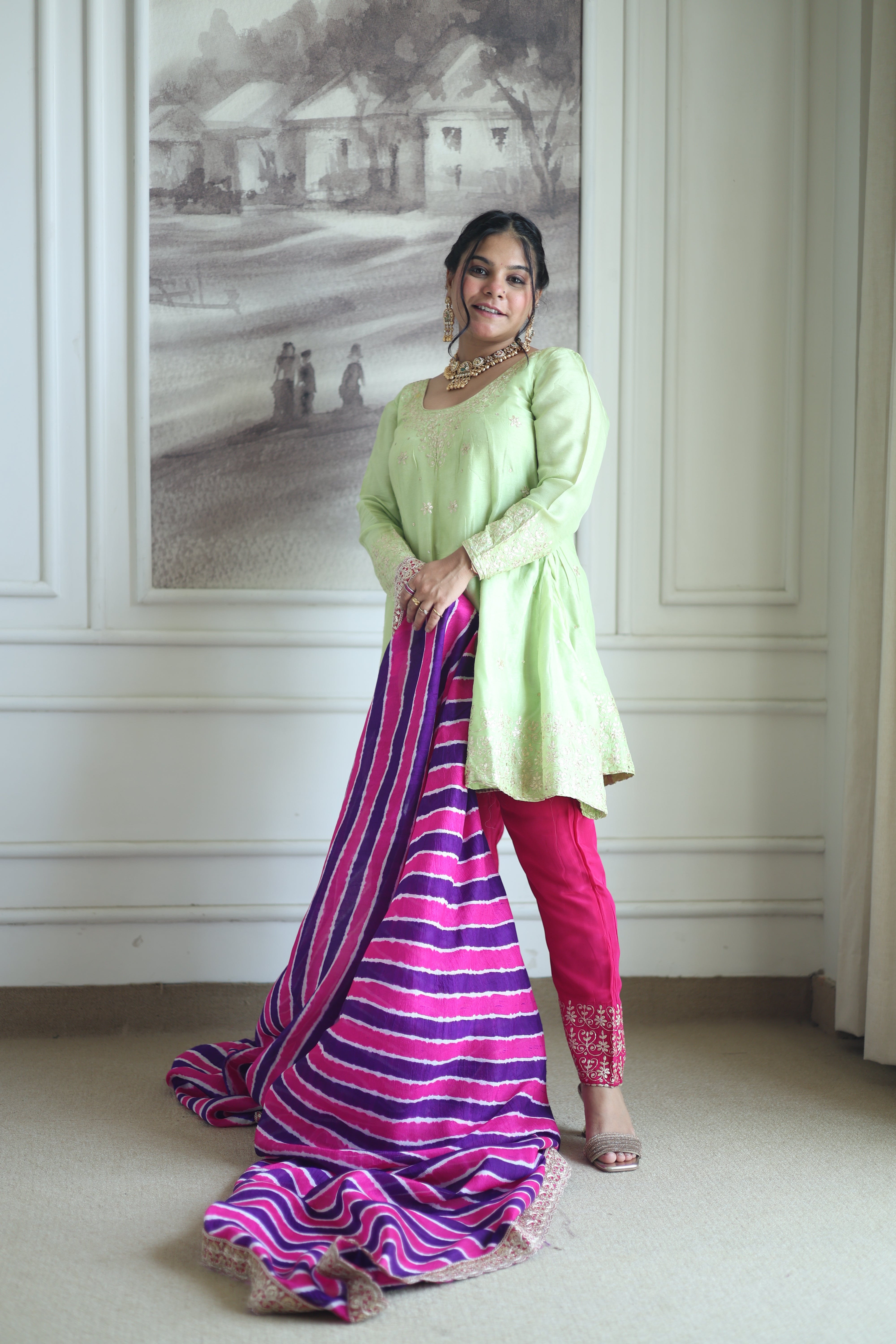 Pistachio Green Silk Kurti with Pink Leheriya Dupatta Set