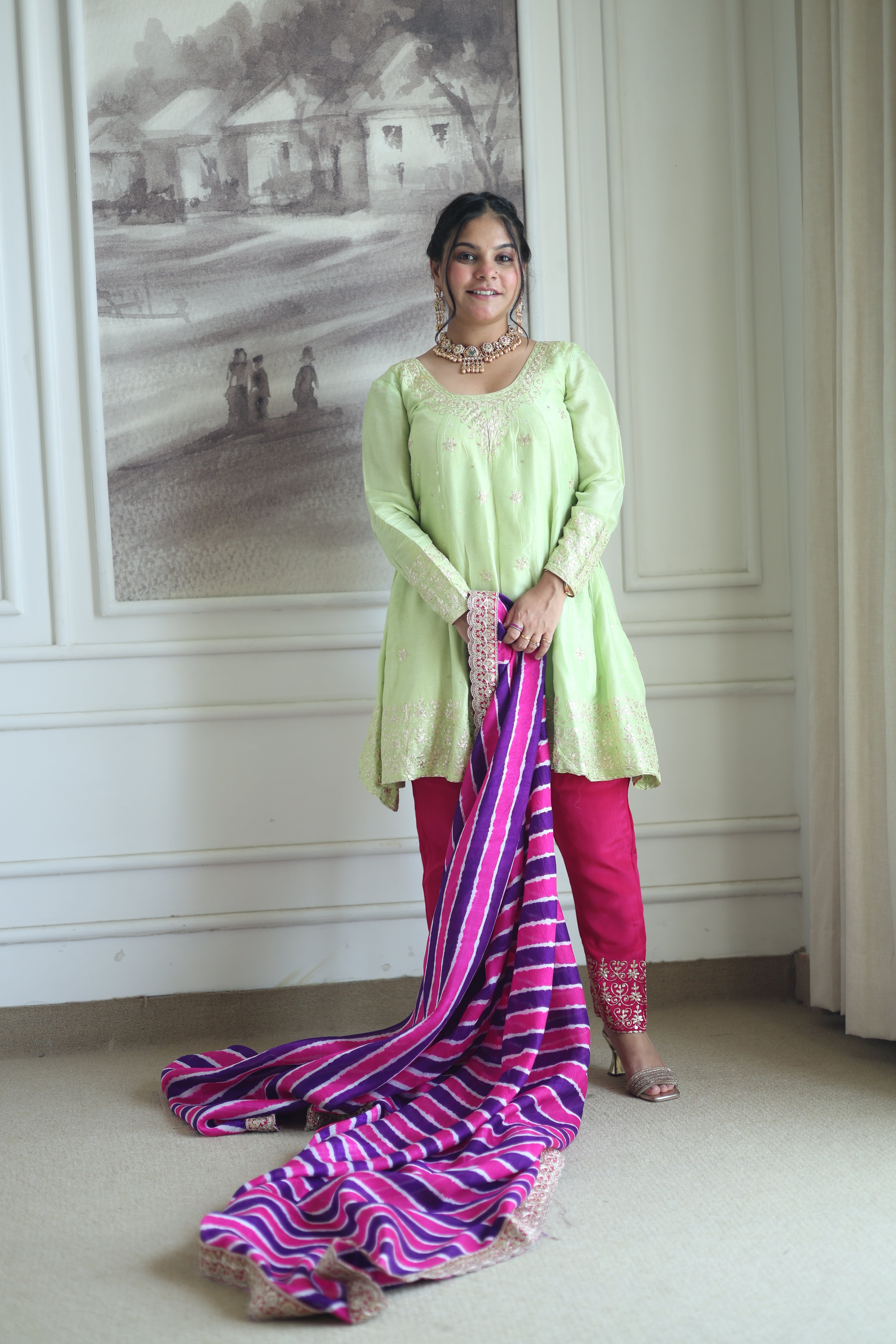 Pistachio Green Silk Kurti with Pink Leheriya Dupatta Set