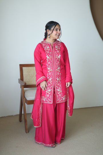 Hot Pink Silk Co-ord Sharara Set with Floral Zardosi Hand-Embroidery & Scalloped Dupatta