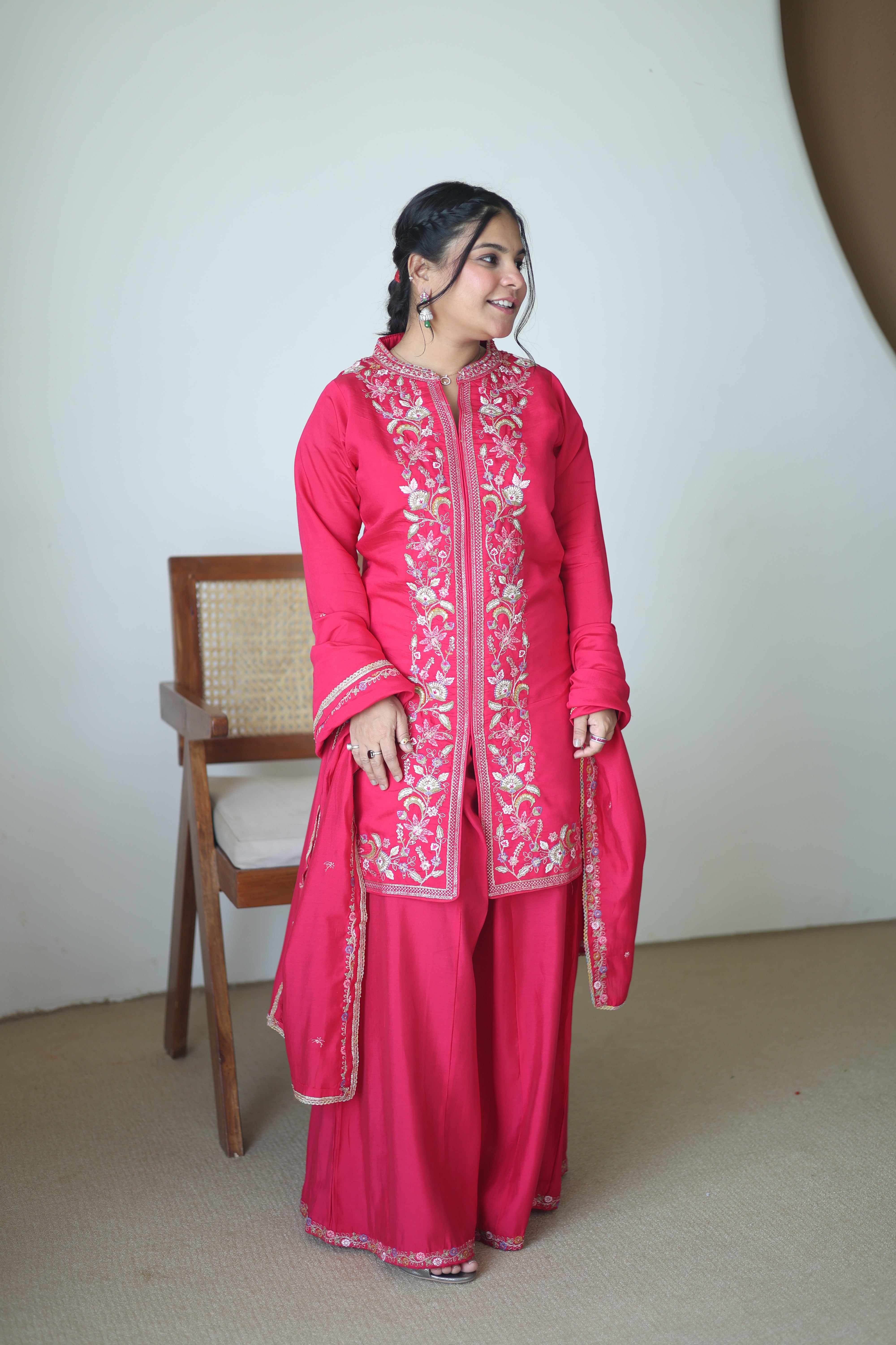 Hot Pink Silk Co-ord Sharara Set with Floral Zardosi Hand-Embroidery & Scalloped Dupatta