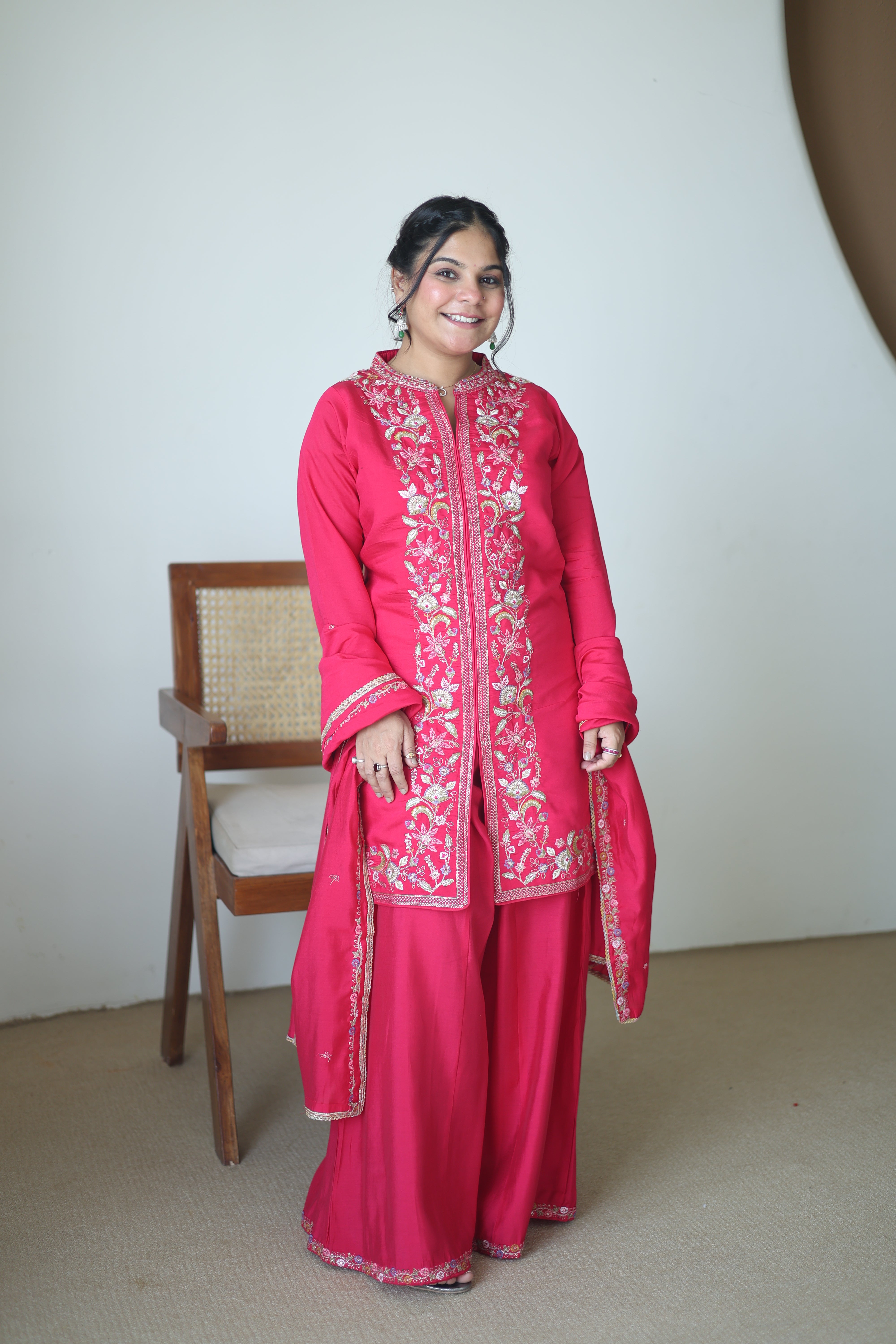 Hot Pink Silk Co-ord Sharara Set with Floral Zardosi Hand-Embroidery & Scalloped Dupatta
