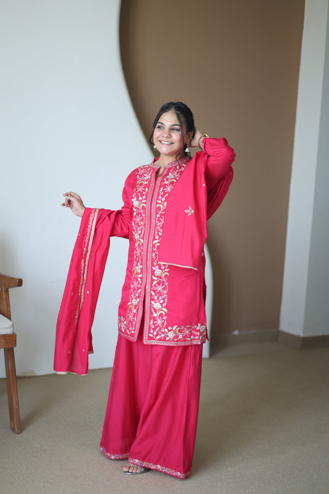 Hot Pink Silk Co-ord Sharara Set with Floral Zardosi Hand-Embroidery & Scalloped Dupatta