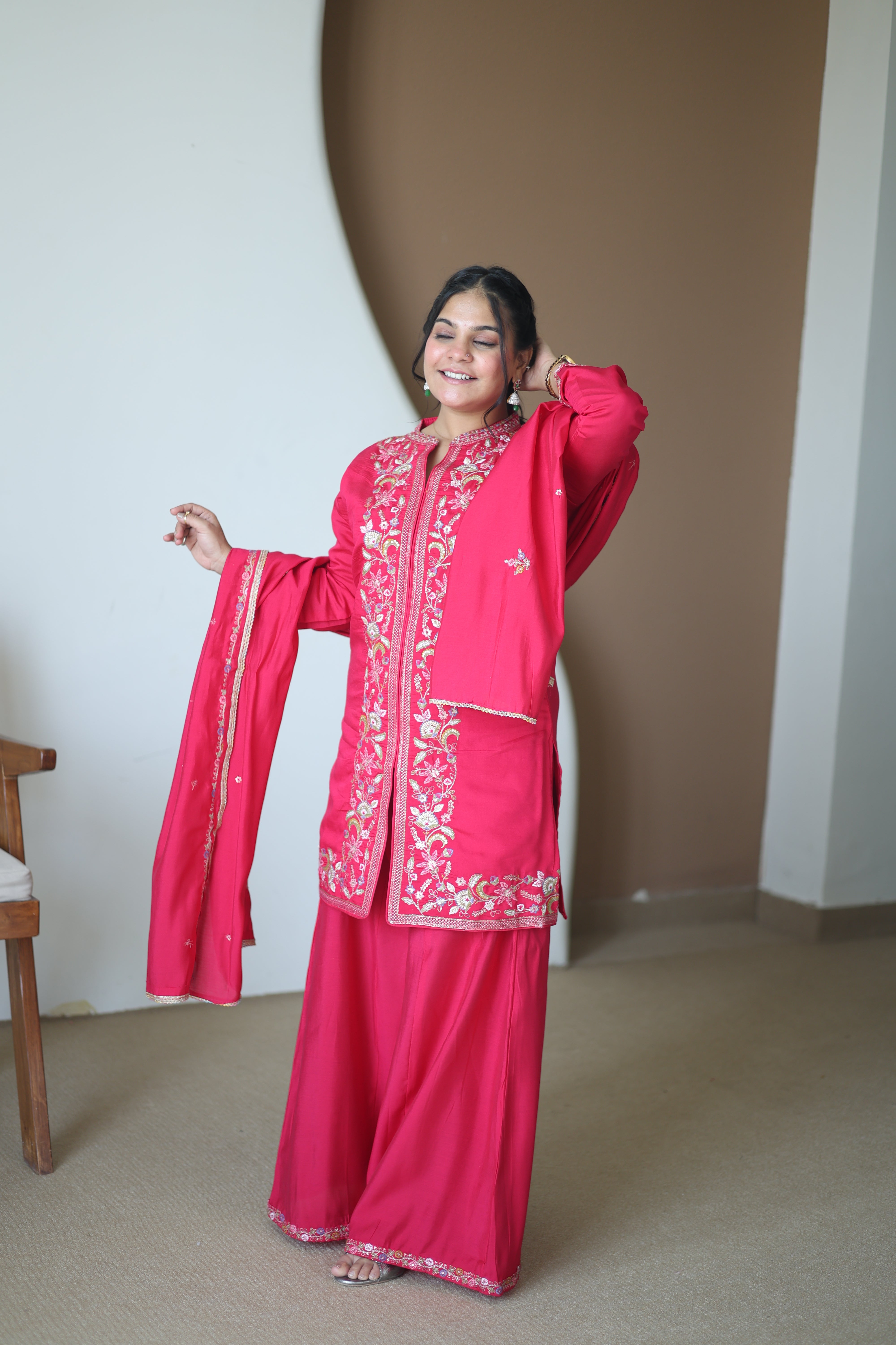 Hot Pink Silk Co-ord Sharara Set with Floral Zardosi Hand-Embroidery & Scalloped Dupatta