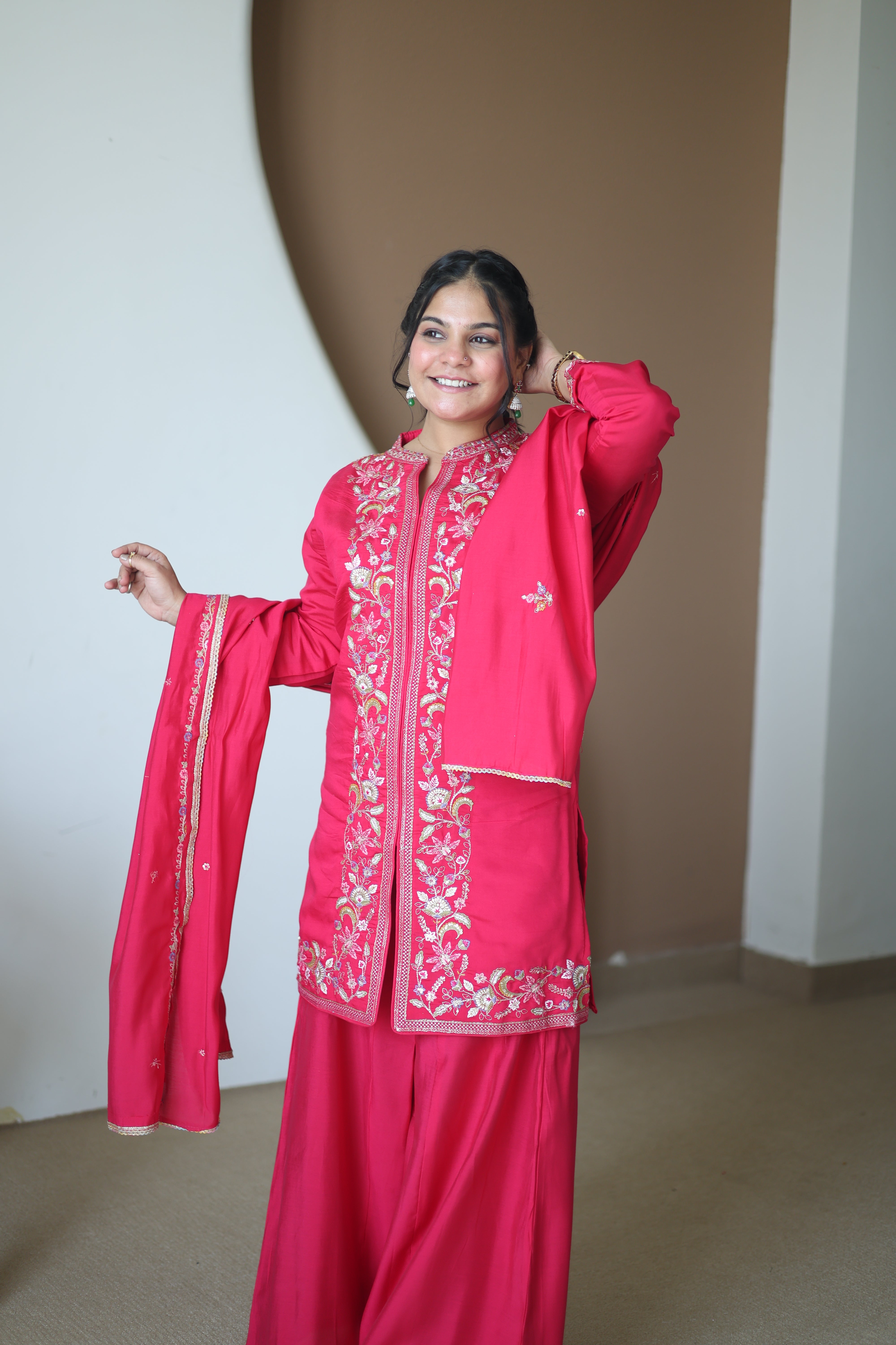 Hot Pink Silk Co-ord Sharara Set with Floral Zardosi Hand-Embroidery & Scalloped Dupatta