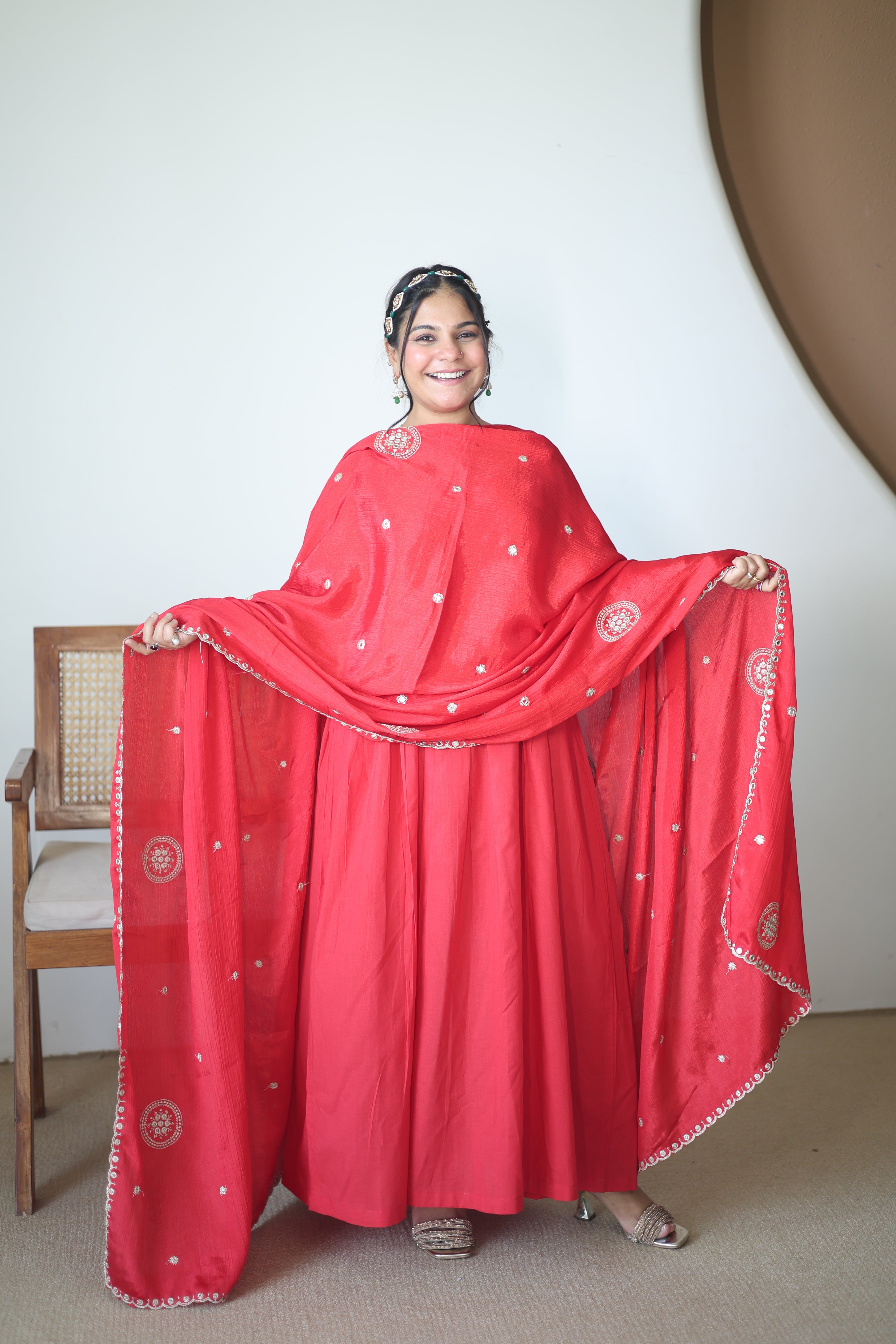 Vibrant Crimson Red Silk Anarkali Gown with Hand-Embroidered Butti & Scalloped Dupatta Set